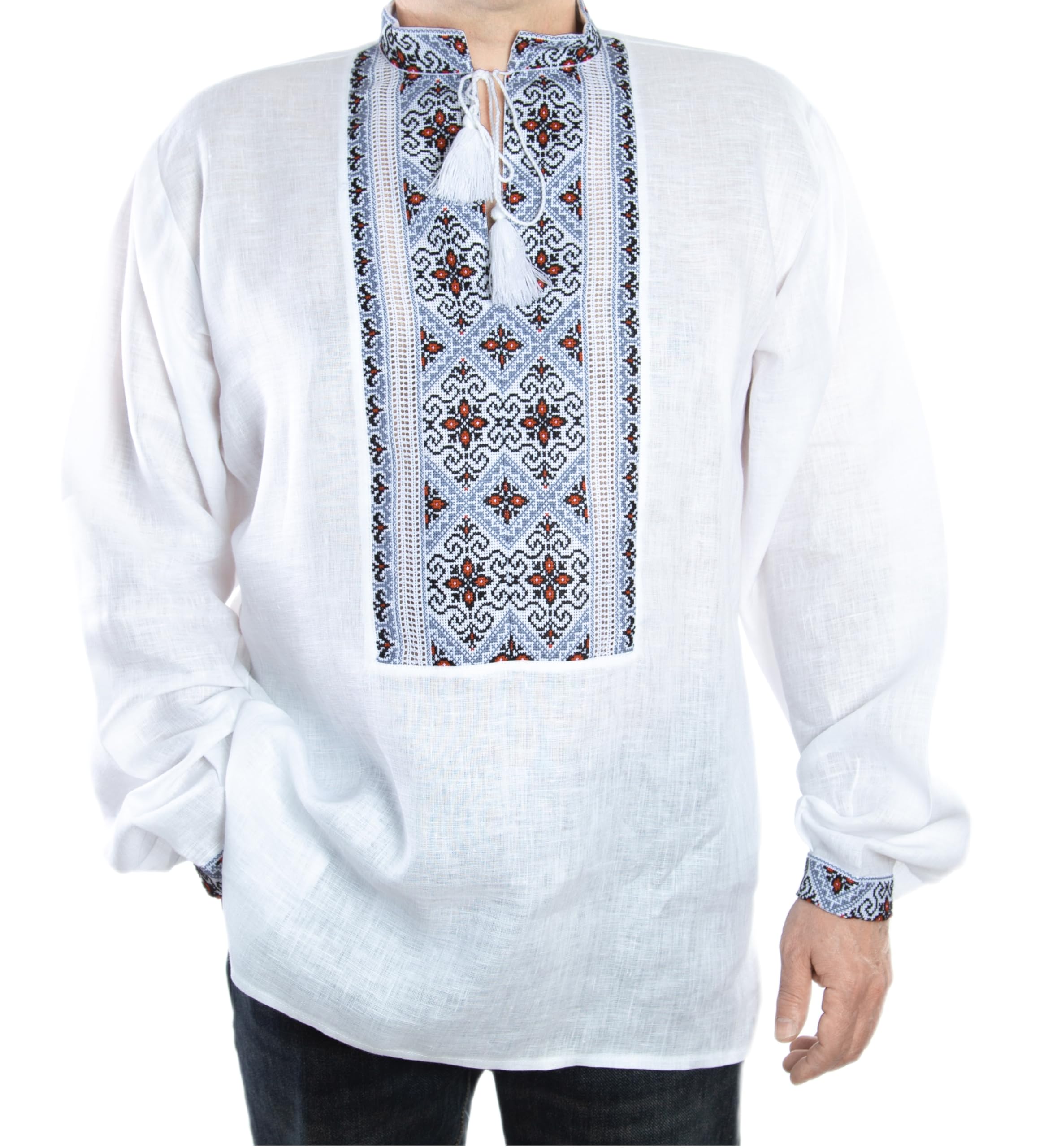 HAND Mens White VYSHYVANKA LINEN SHIRT Red Black Embroidered XL FATHER'S DAYSALE