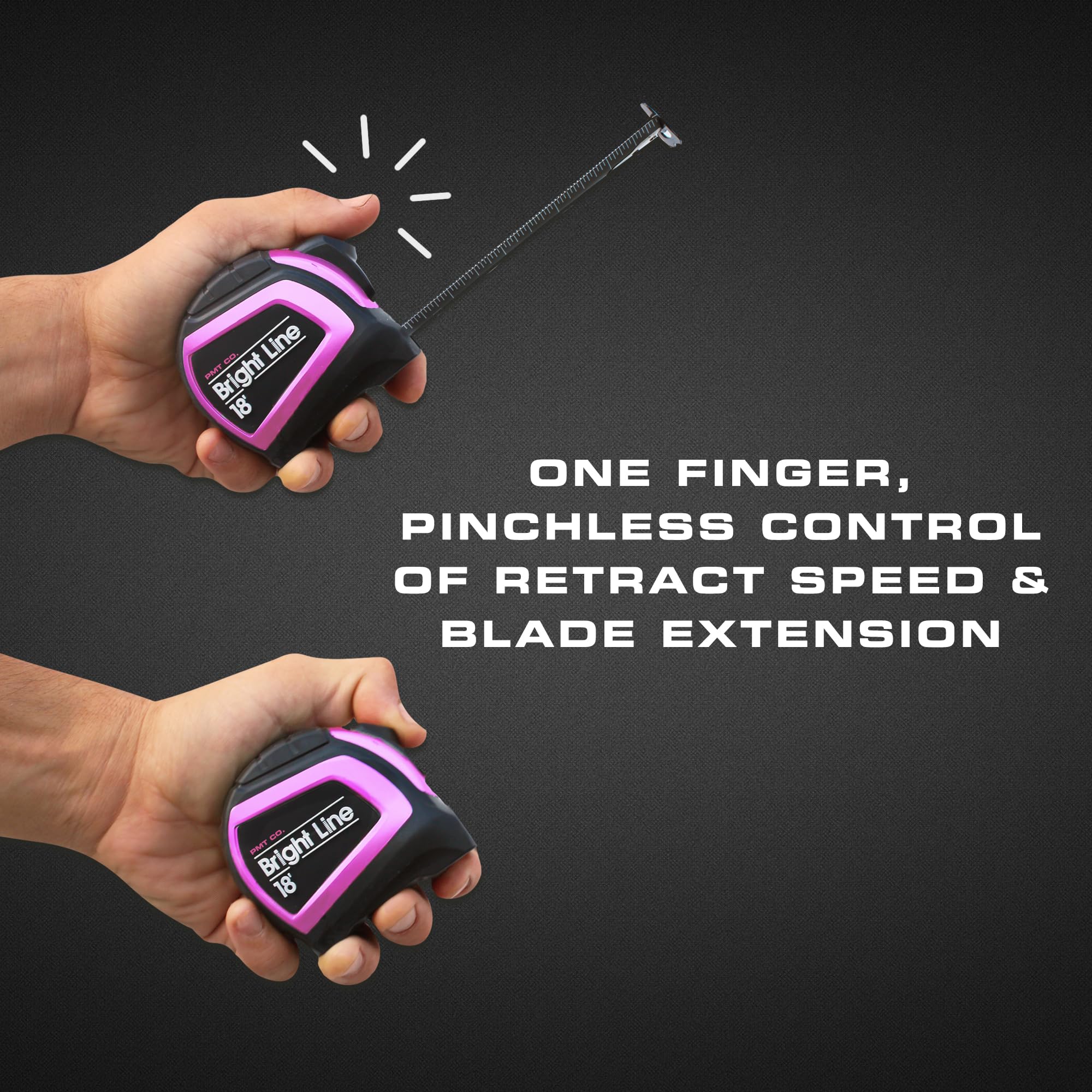 Perfect Measuring Tape - Cinta métrica EasyRead de alto contraste Pink BrightLine para poca luz (modo oscuro) - Funda de goma de 18 pies (fracciones en pulgadas) Cinta métrica retráctil de doble cara