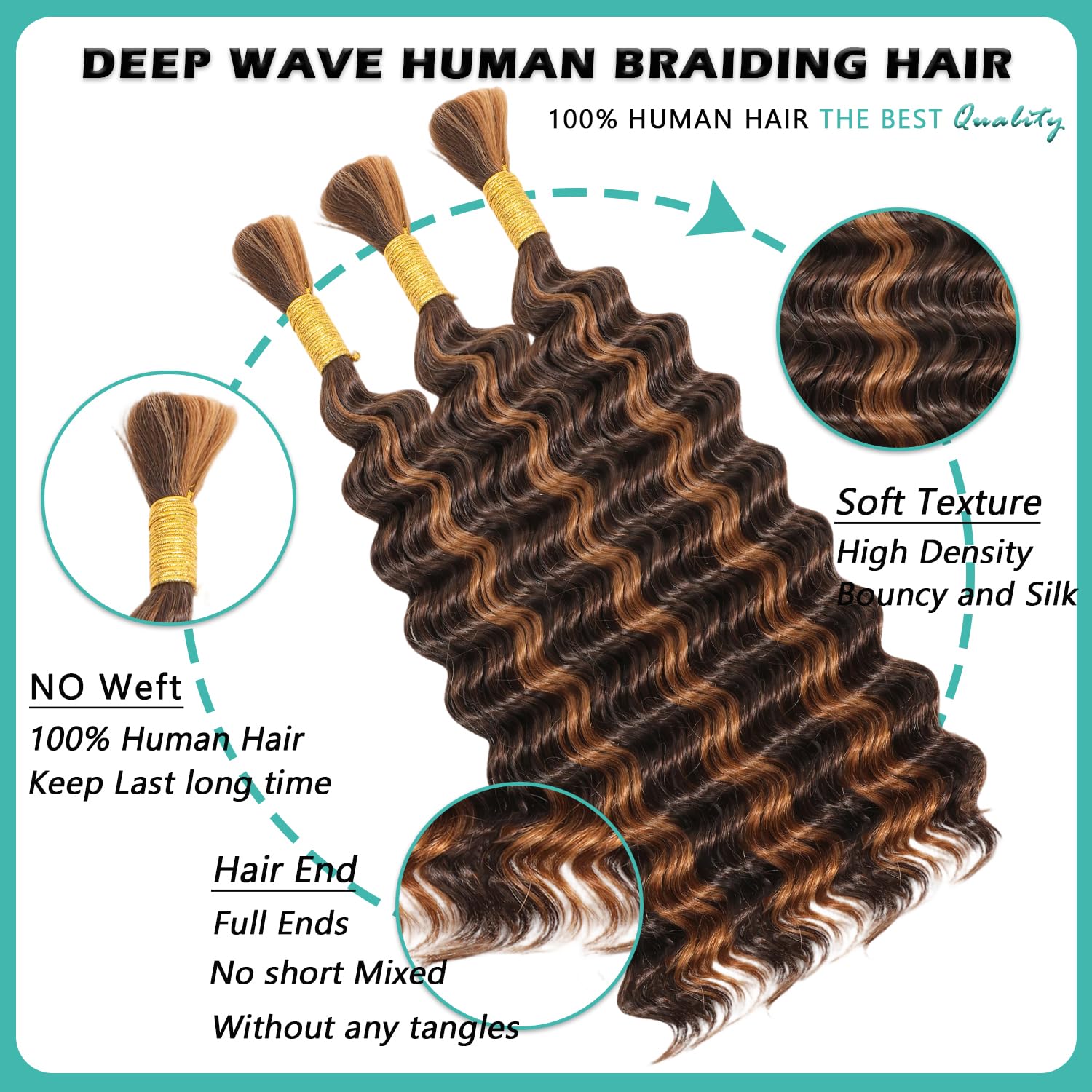 22 inch human braiding hair for boho braids 120g 3 bundles deep wave boho hair for braiding 100% human hair bulk for women #4/30