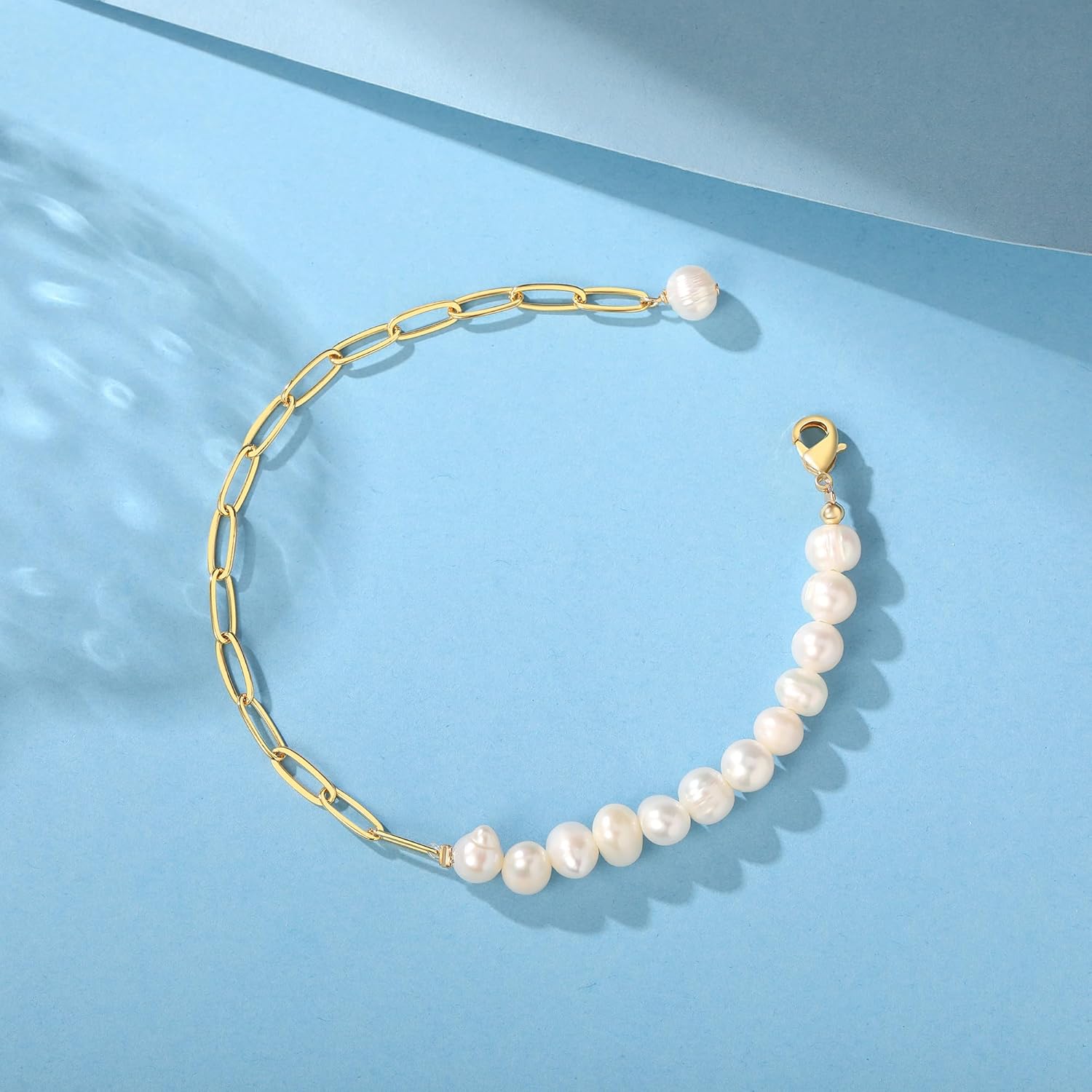 14K Gold Plated 7.3 Inch Baroque Freshwater Cultured Pearl Bracelet for Women - 7mm Pearls Paperclip Link Chain Bracelet, Unique Irregular Dainty Daily Wear Jewelry Gift For Her - Image 3