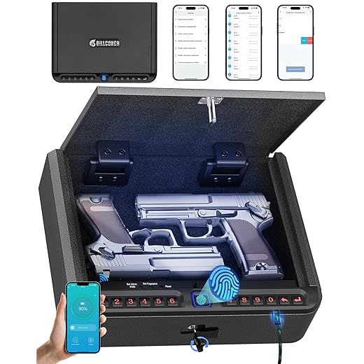 BILLCONCH Gun Safe for Pistols - Biometric Gun Safe 4 Ways Quick Access with Fingerprint/Full-digital Keypad/Key/APP Lock Handgun Safe for Nightstand Bedside Home