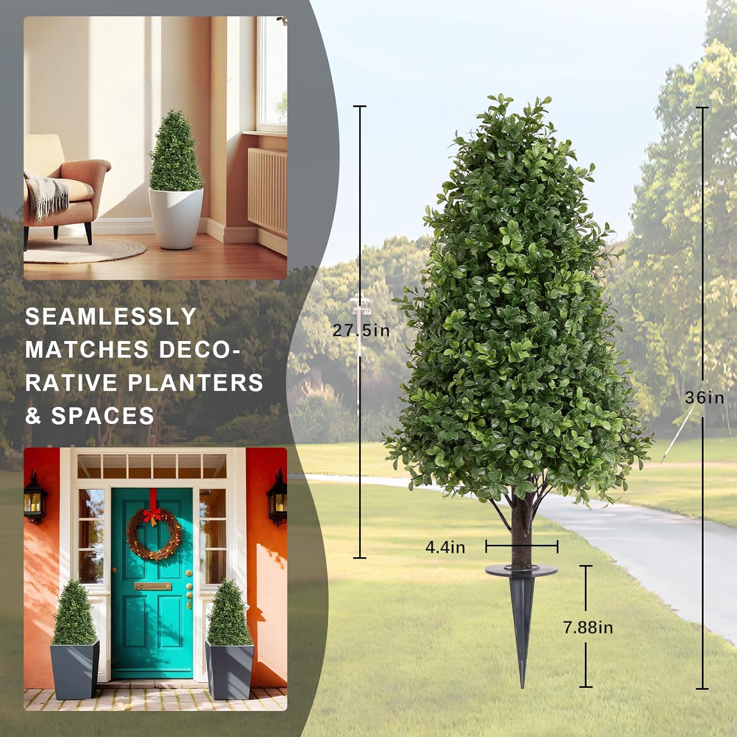36" Boxwood Topiary Trees Artificial Outdoor Set of 2, 3ft UV Resistant Fake Shrubs and Bushes with Ground Spike, Large Faux Plants for Front Porch Patio Planter Decor (Dark Green)
