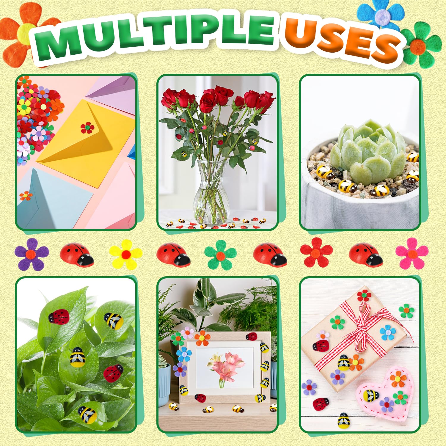 200 Pezzi Adesivi 3D In Legno Coccinelle, Api E Fiori - Decorazioni Autoadesive Per Scrapbooking E Fai Da Te