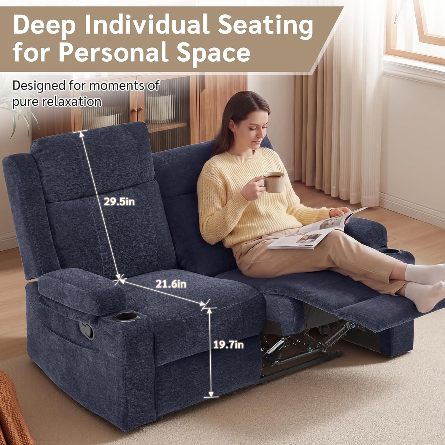 Manual Recliner Loveseat Sofa, Space-Saving Double Reclining Couch with Cup Holders & Storage Pockets, Compact 2-Seater Recliner for Living Room, Home Theater & RV (Blue)