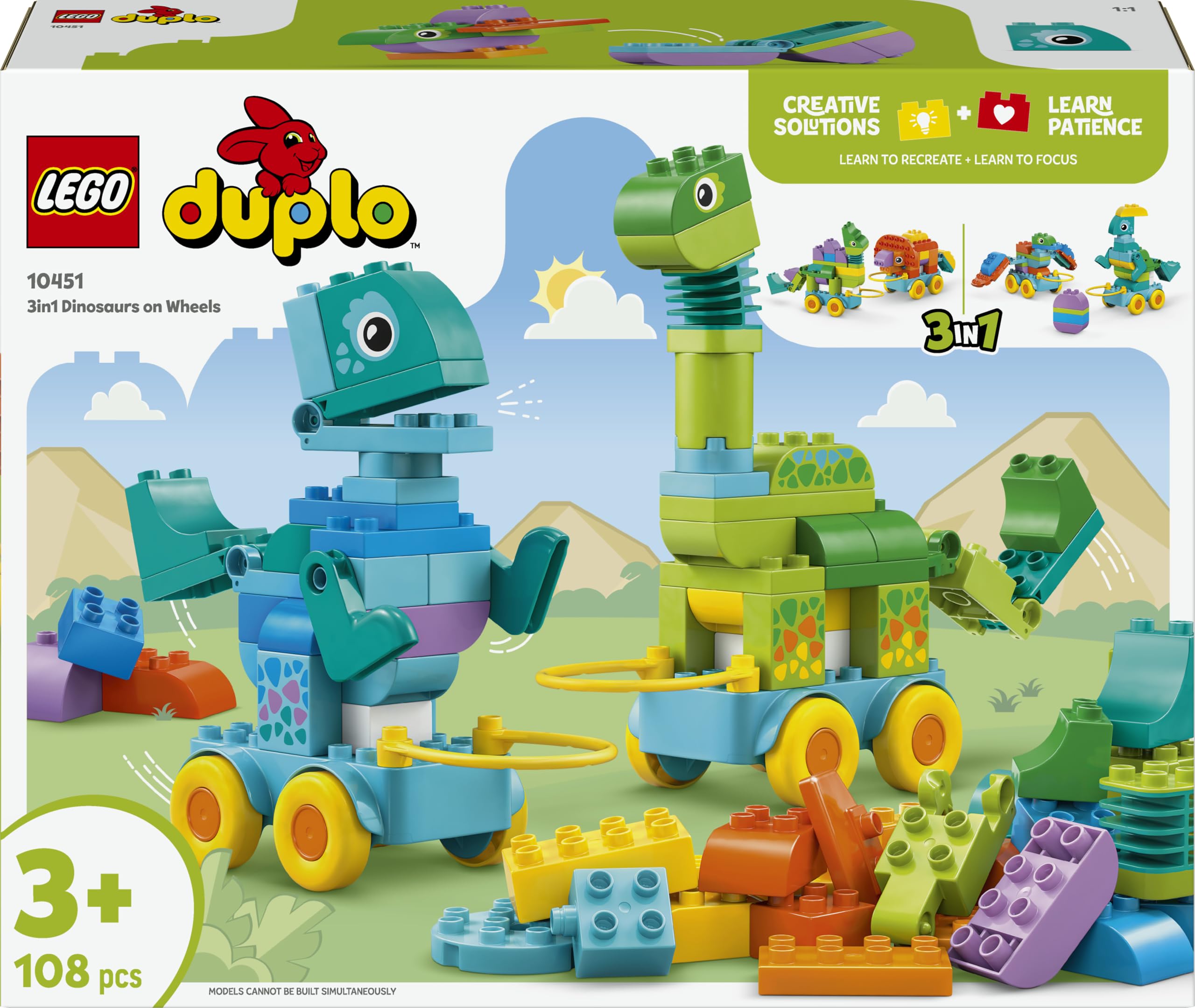 LEGO DUPLO 3 in 1 Dinosaurs on Wheels 10451 | Toys for 3+ Year Old Girls & Boys, Educational Set, Includes T. rex & Triceratops Figures, Gift Idea, 108 Pieces