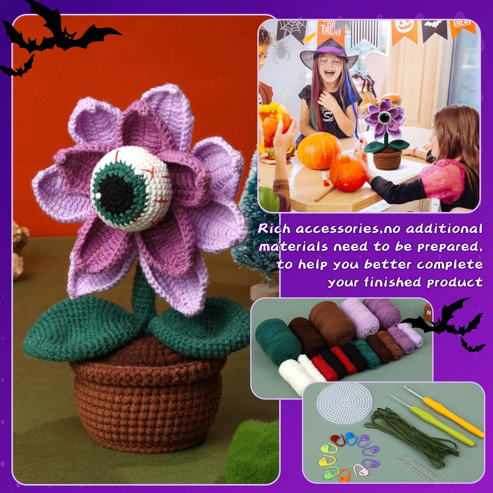 Yizzvb Kit de ganchillo de Halloween para principiantes, kit completo de ganchillo para principiantes, kits de inicio de ganchillo para adultos con tutoriales de video paso a paso, kits de animales de