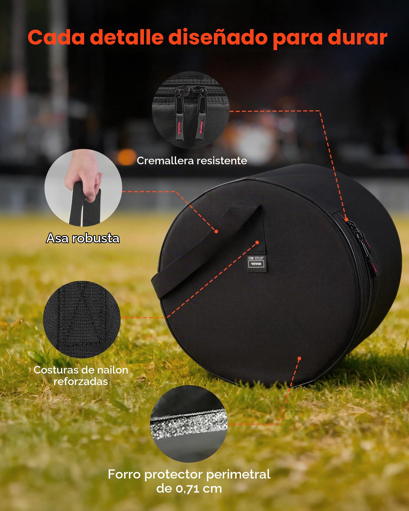 VEVOR Juego de 5 Bolsas de Tambores, Fundas Acolchadas para Toms de 12", 13" y 16", Bombo de 22", Caja de 14", con Correa de Hombro, de 600D Impermeable y Antichoque, para Tambores de Batería, Negro