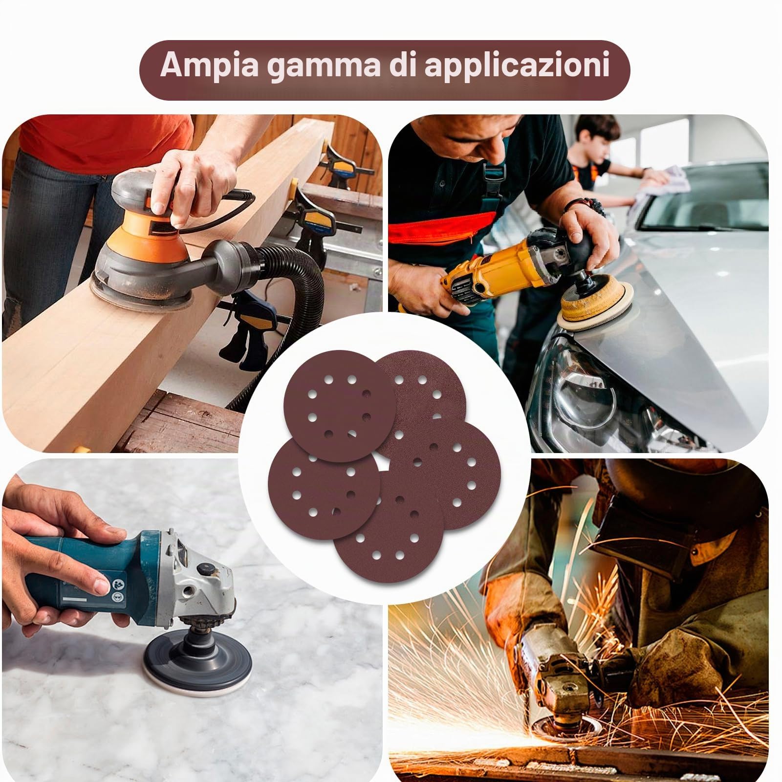 50 Pezzi Dischi Abrasivi 125mm, Carta Vetrata Disco Abrasivo Grana 60/120/240/400/800 8 fori per levigatrice orbitale