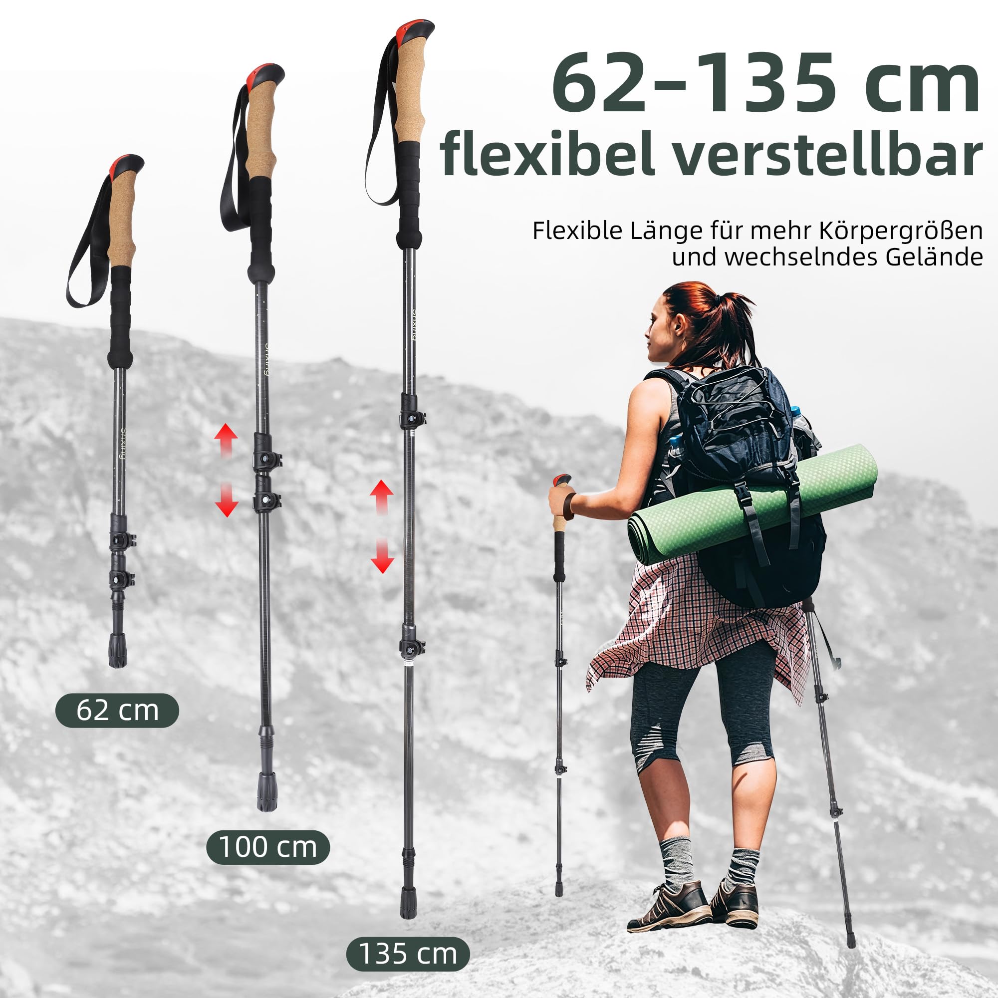 Teleskop-Wanderstöcke Carbon 2er Set, 200 g pro Stock, Schwarz | 62–135 cm verstellbar, Korkgriff mit EVA, Alu-Verschluss, Tasche & 10 Zubehörteile, für Wandern & Trekking