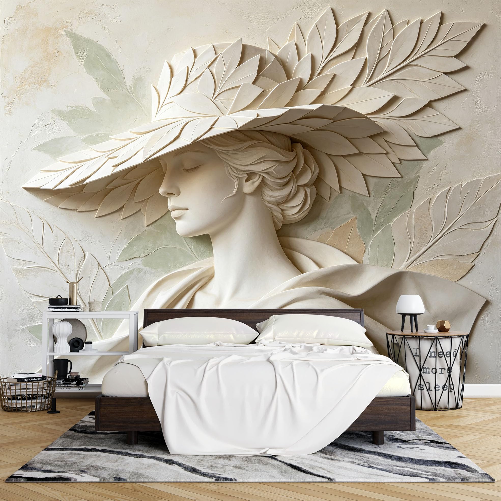 Papier Peint Mural Intissé 200 x 140 cm Motif Femme Élégante Au Chapeau Feuilles Style Sculpture Grecque Décoration Fresque Murale Esthétique pour Salon Ou Chambre.