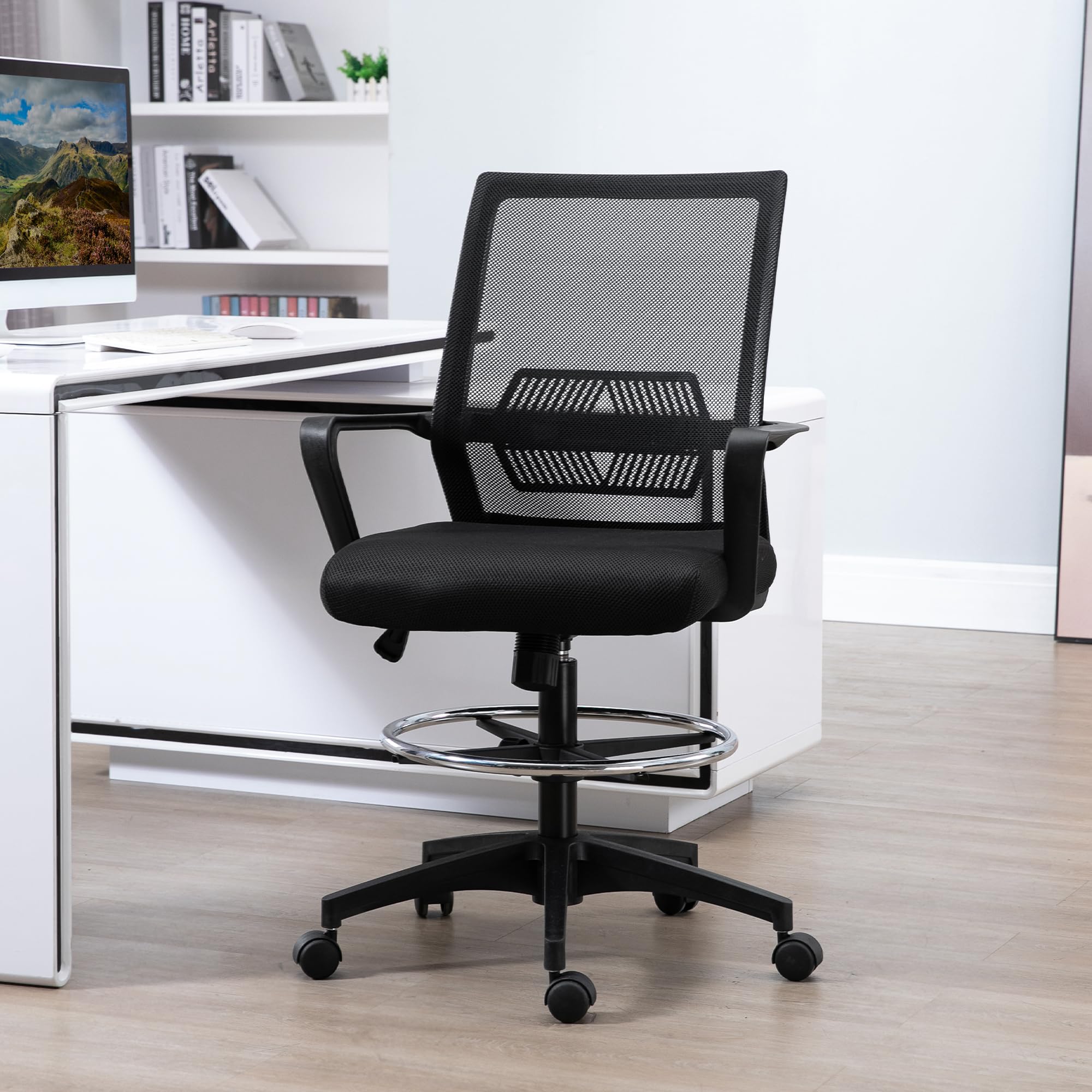 Vinsetto Bürostuhl mit Verstellbarem Fußring Lendenwirbelstütze Schwarz | Ergonomischer Schreibtischstuhl, Höhenverstellbarer Drehstuhl mit Netzbespannung, Zeichenstuhl mit Wippfunktion