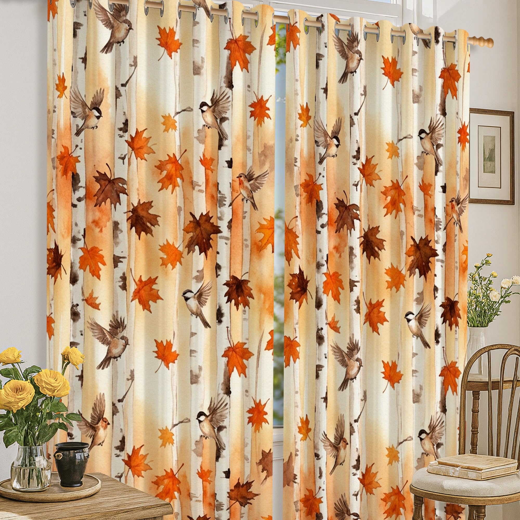 Rideaux occultants oiseaux rustiques pour un salon chaleureux en automne
