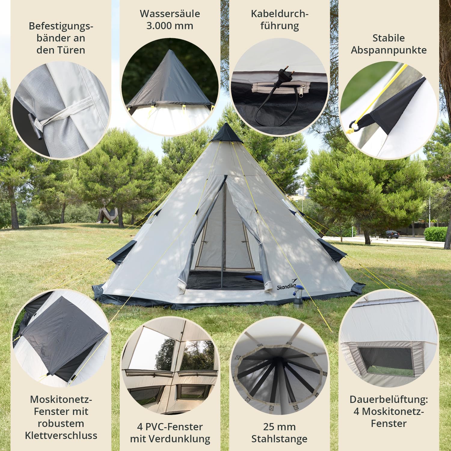 Skandika Tipi Goathi 6/10 Personen Zelt Outdoor | Campingzelt, wasserfest, eingenähter Zeltboden, Moskitonetz, über 2,5 m Stehhöhe, 3000 mm Wassersäule | Festivalzelt, Glamping