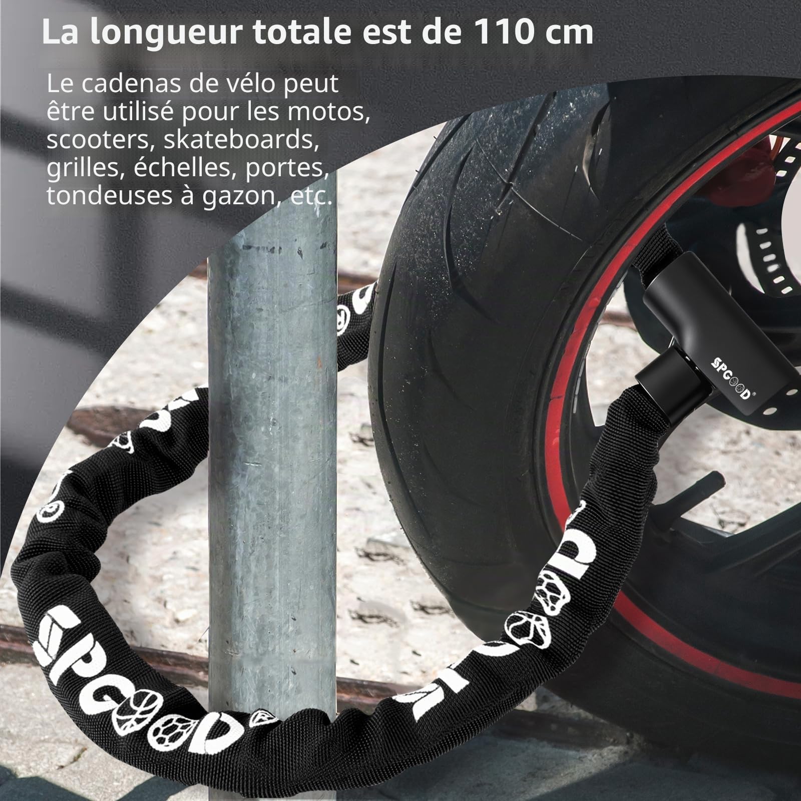 SPGOOD Antivol de vélo avec 3 clés, 90 cm en chaîne en acier de 6 mm, cadenas de vélo avec housse étanche, antivol haute sécurité pour vélo, vélo électrique, VTT, moto(Noir)