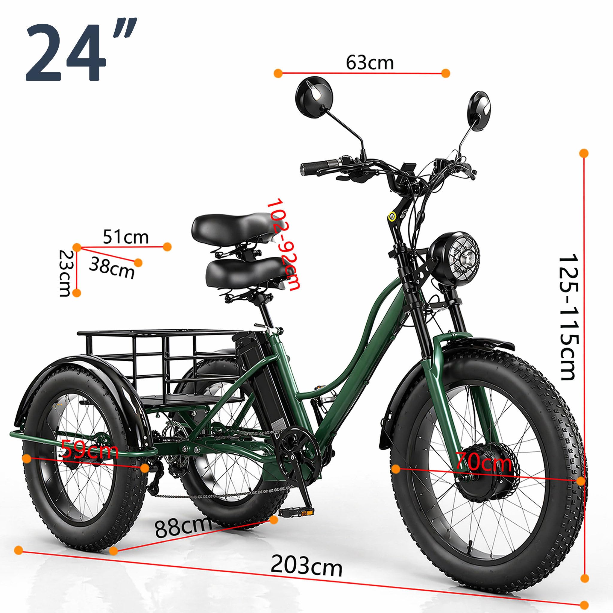 Triciclo Elettrico a Pedalata Facilitata 24 Pollici Fat Tire 3 Ruote E-Trike Adulti Batteria Rimovibile Cestino Posteriore Sovradimensionato Tutto Terreno per Anziani Spesa Black