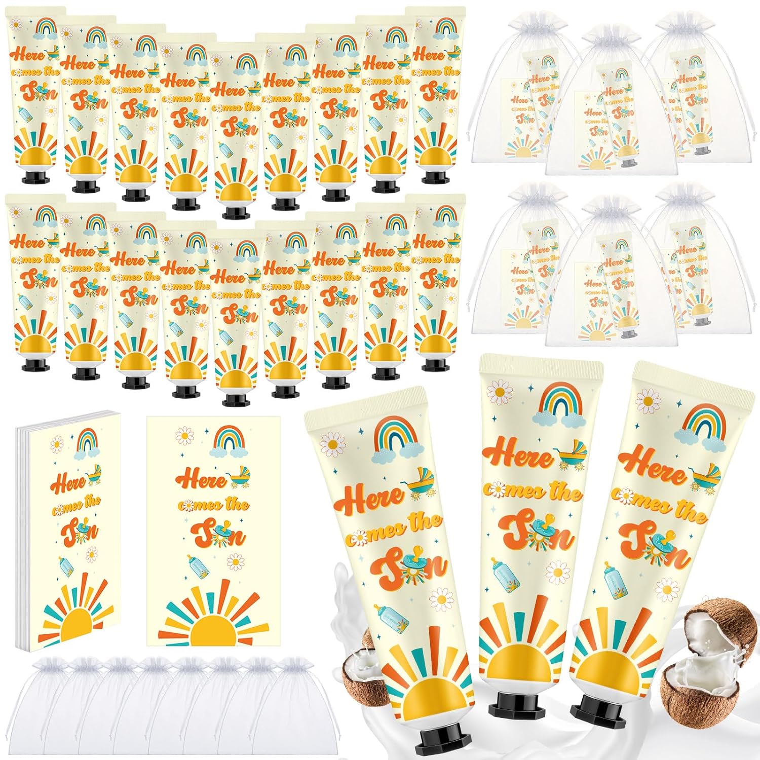 24 Sets Here Comes The Son Baby Shower Hand Cream Bulk Sunshine Baby Shower Favors Hand Cream for Guests Travel Size Lotion with Organza Bags