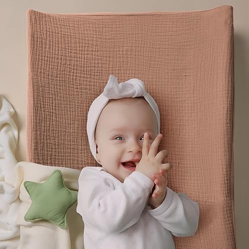 Miniatura 8 de Bearmoss Funda para cambiador, paquete de 2 fundas de muselina 100% algodón para cambiador de pañales, 32 x 16 pulgadas, suaves y transpirables,