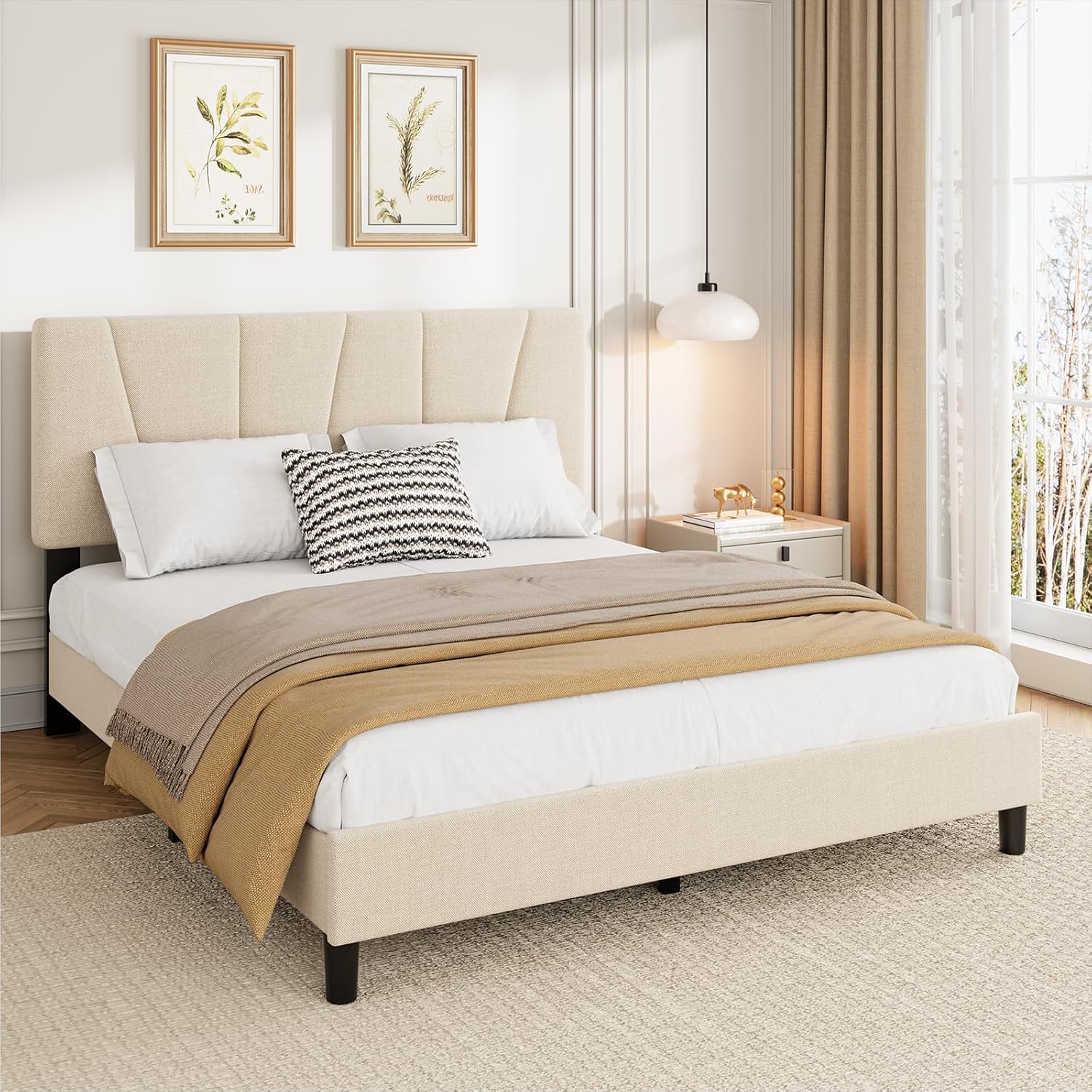 King Size Bed Frame with Headboard Adjustable, Modern Linen Upholstered King Platform Bed Frame with Wooden Slat Support, No Box Spring Needed, Grey