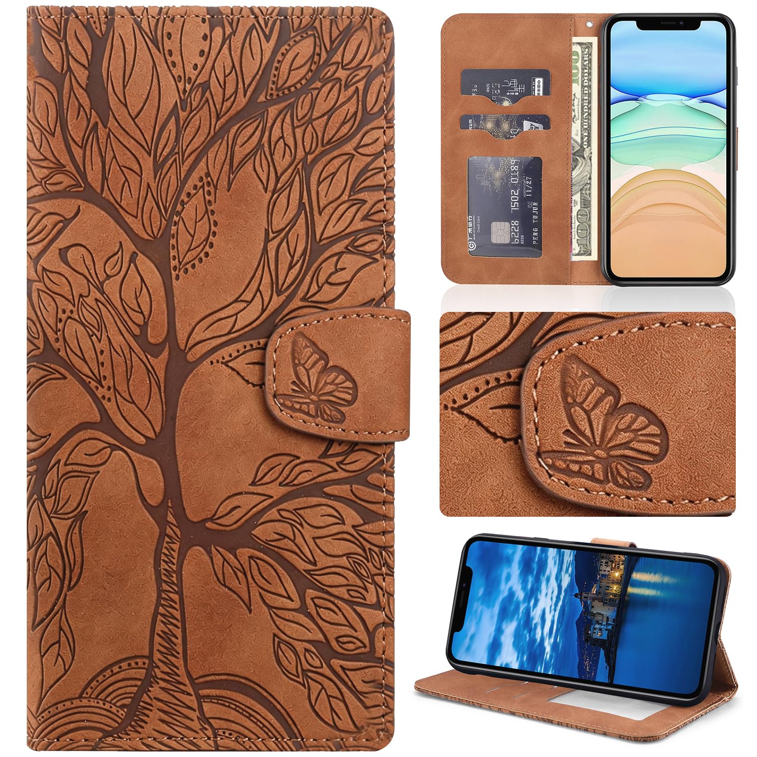 Aisenth Handyhülle für iPhone 7/8/SE 2020/SE 2022, Baum Muster Leder Handytasche Brieftasche Klapphülle Etui Wallet Flip Case Schutz Hülle mit Kartenfächer, Aufstellfunktion -Braun