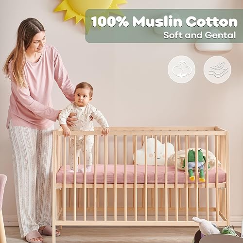 Miniatura 2 de Yoofoss Juego de 2 sábanas de muselina para cuna, para niños y niñas, 100% algodón, suaves y transpirables, para colchón estándar de cuna y colchón