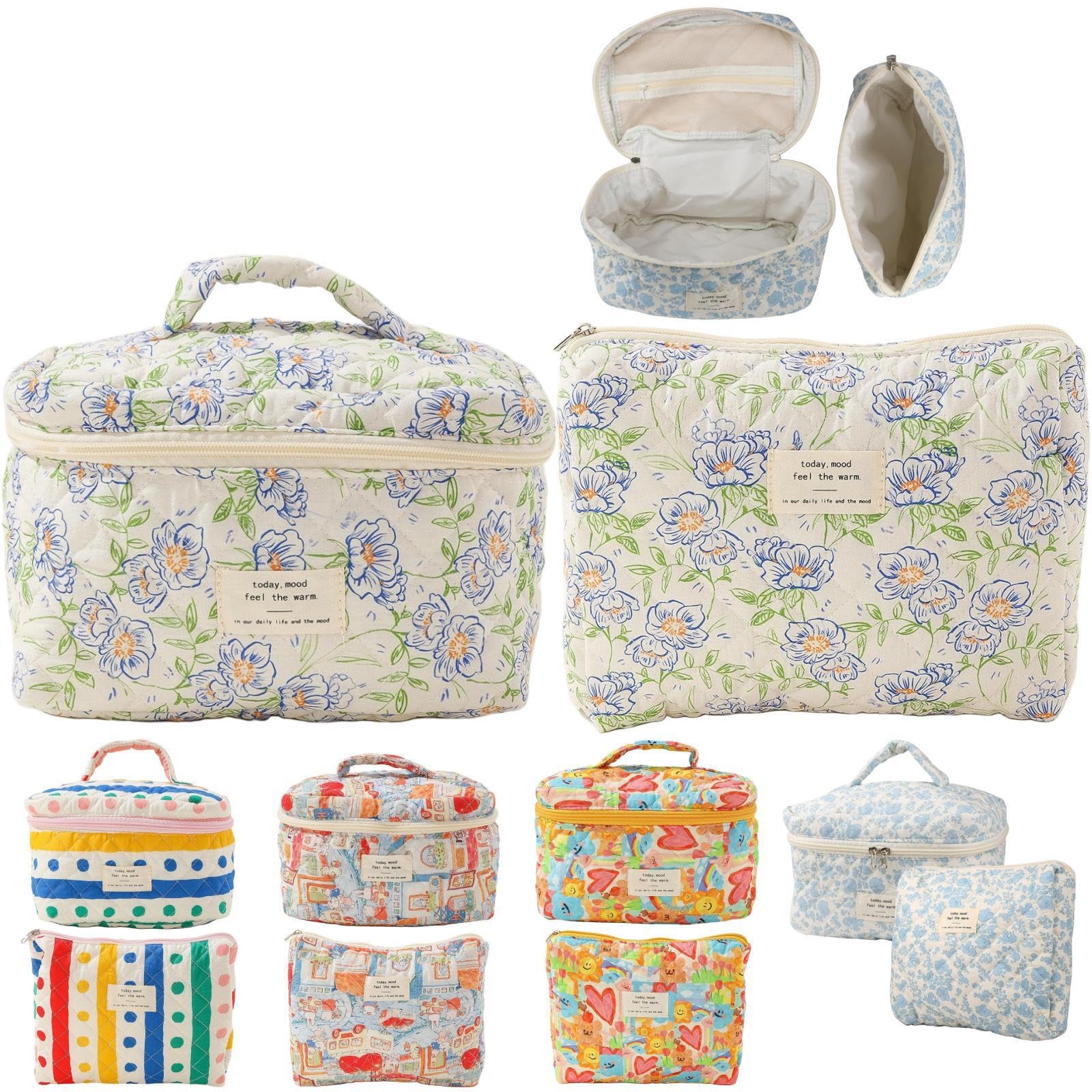 Fcteap Makeup Bag Travel Essentials Quilted Cosmetic Toiletry Pouch Organizer Insert for Women Dorm Room Essential Gift Large Capacity Opening