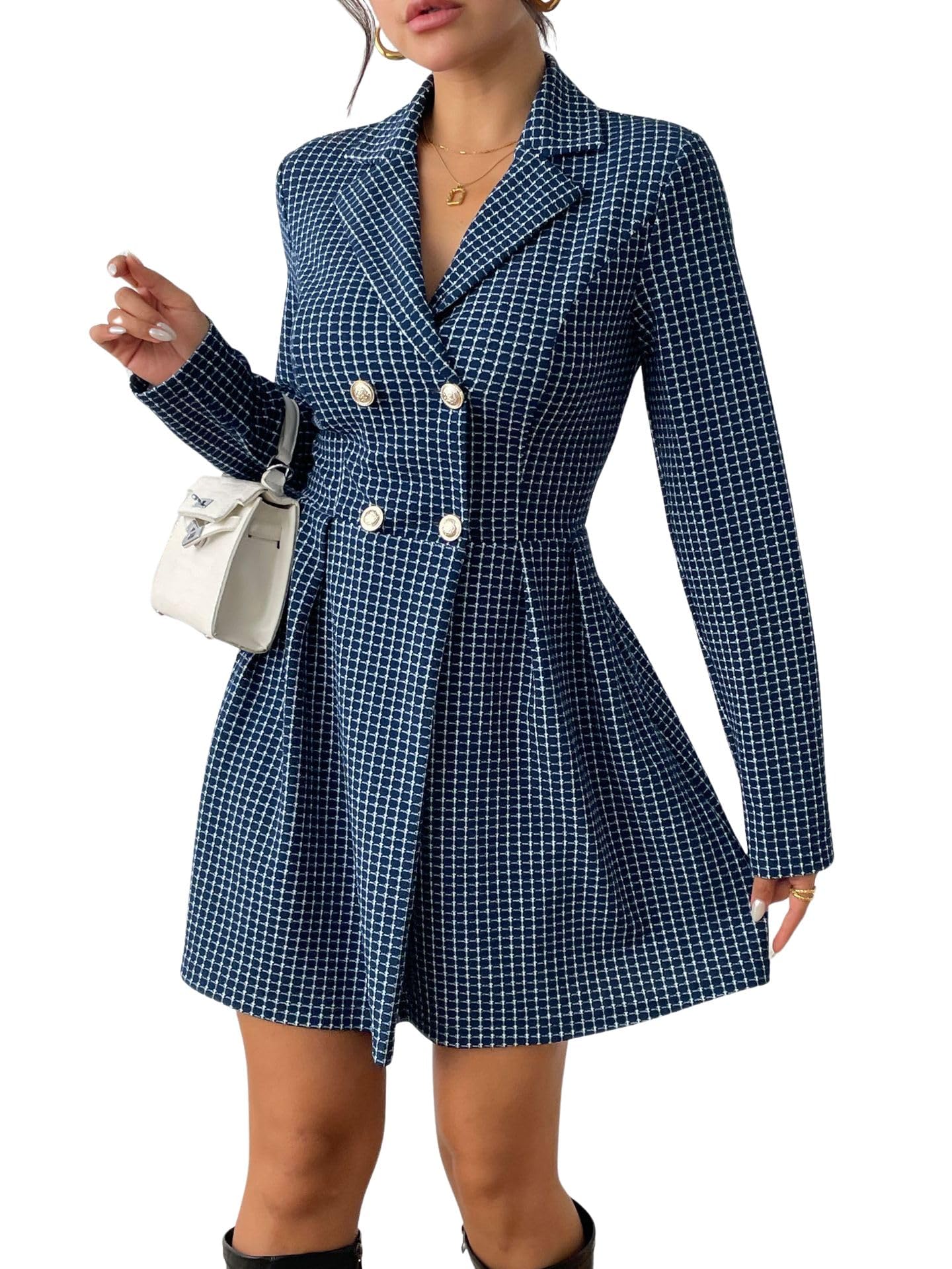 utcoco Women's 2025 Fall Plaid Tweed Dress Notched Lapel Double Breasted Elegant A Line Mini Jackie Dress