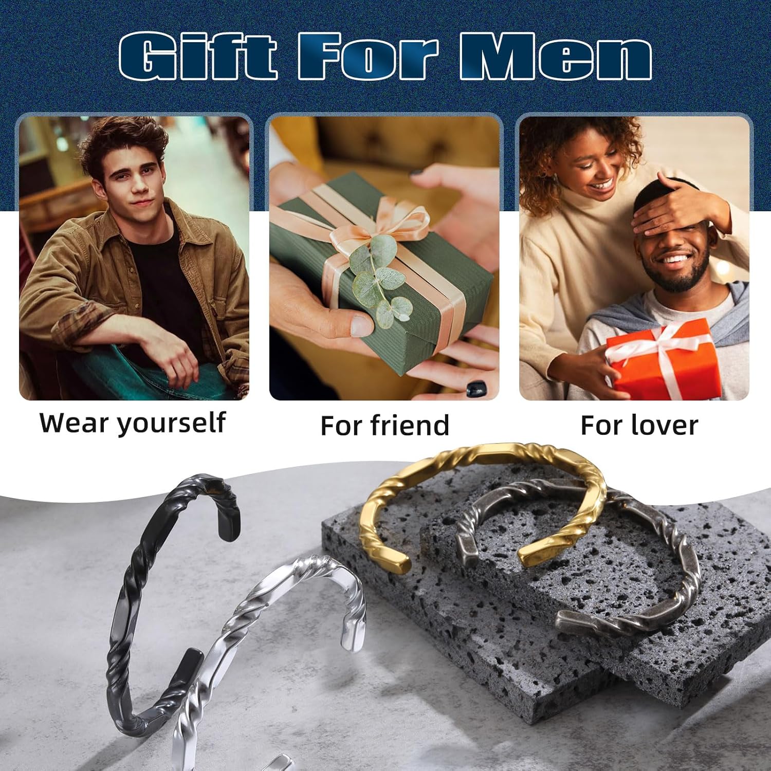 Hisatan Stainless Steel Mens Cuff Bracelet, Minimal Twist Cool Antique Retro/Silver/Black Open Metal Cuff Bangle Bracelets for Men, 65/70mm - Image 5