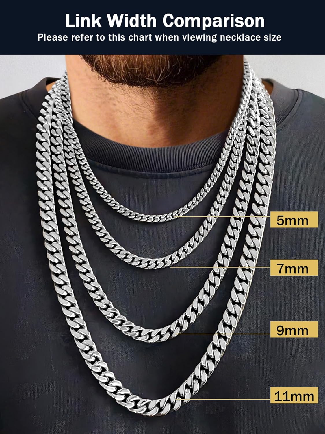 Cuban Chain Stainless Steel Necklace for Men Women, 5/7/9/11MM Width, 18K Gold Plated/Black Metal/316L Stainless Steel Sturdy Curb Link Chain Necklaces, 18-30inch Length - Image 7