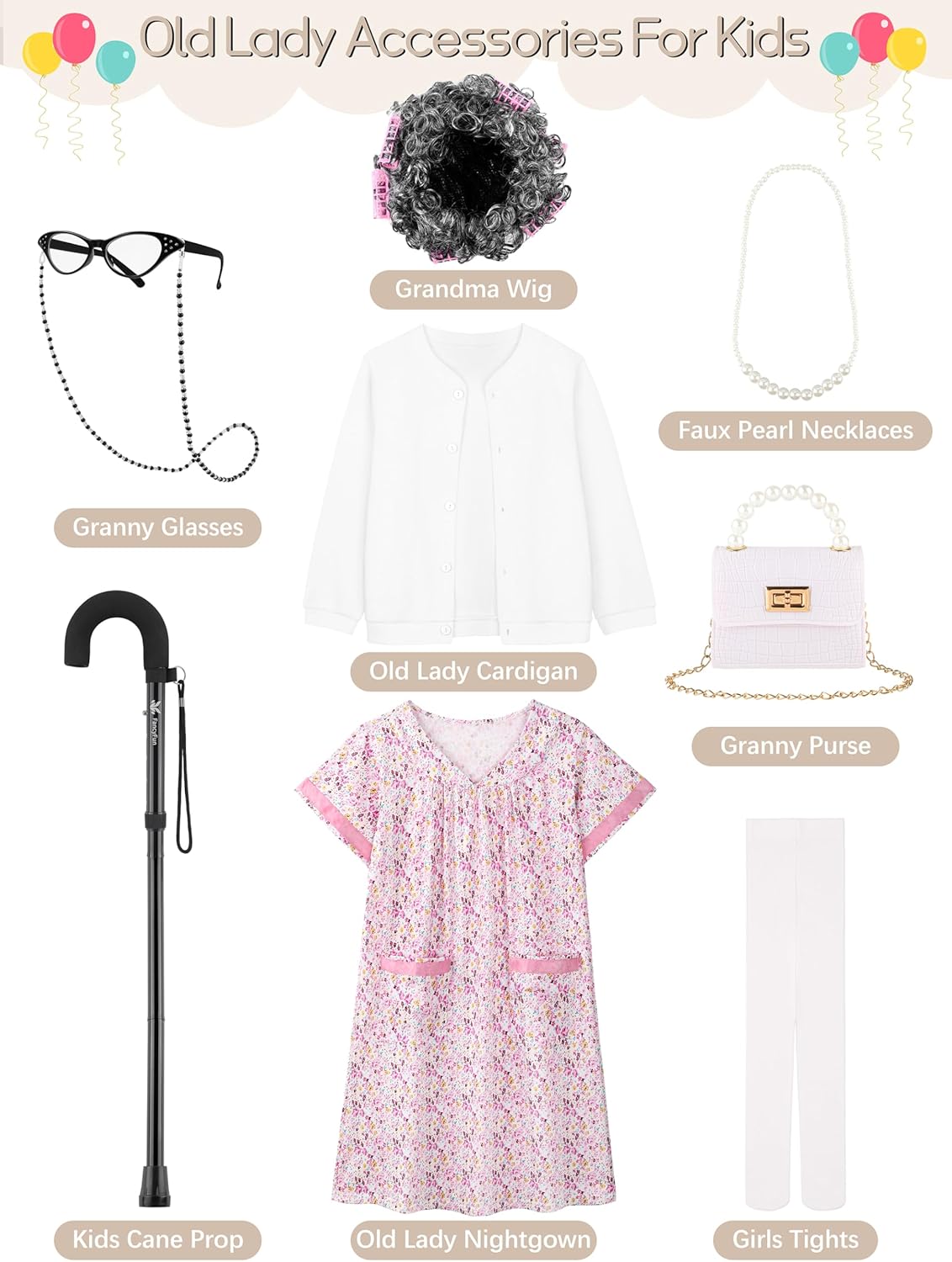 8 Pieces Old Lady Costume for Girls, 100 Days of School Costume for Kids Grandma Wig Granny Dress Cosplay Outifits - Image 4