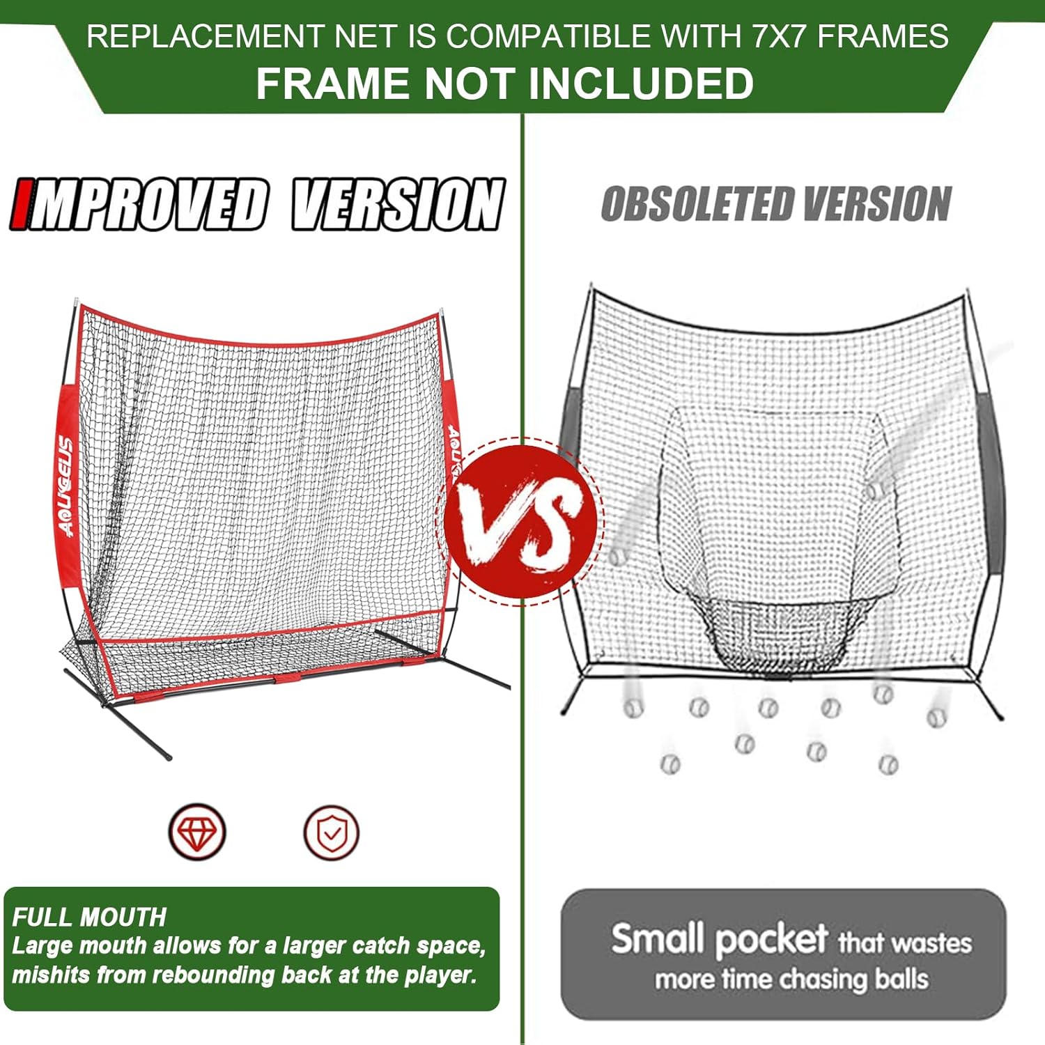 Replacement 7' x 7' Baseball Softball Net (NET ONLY),with Large Ball Collection System,Frame Not Included