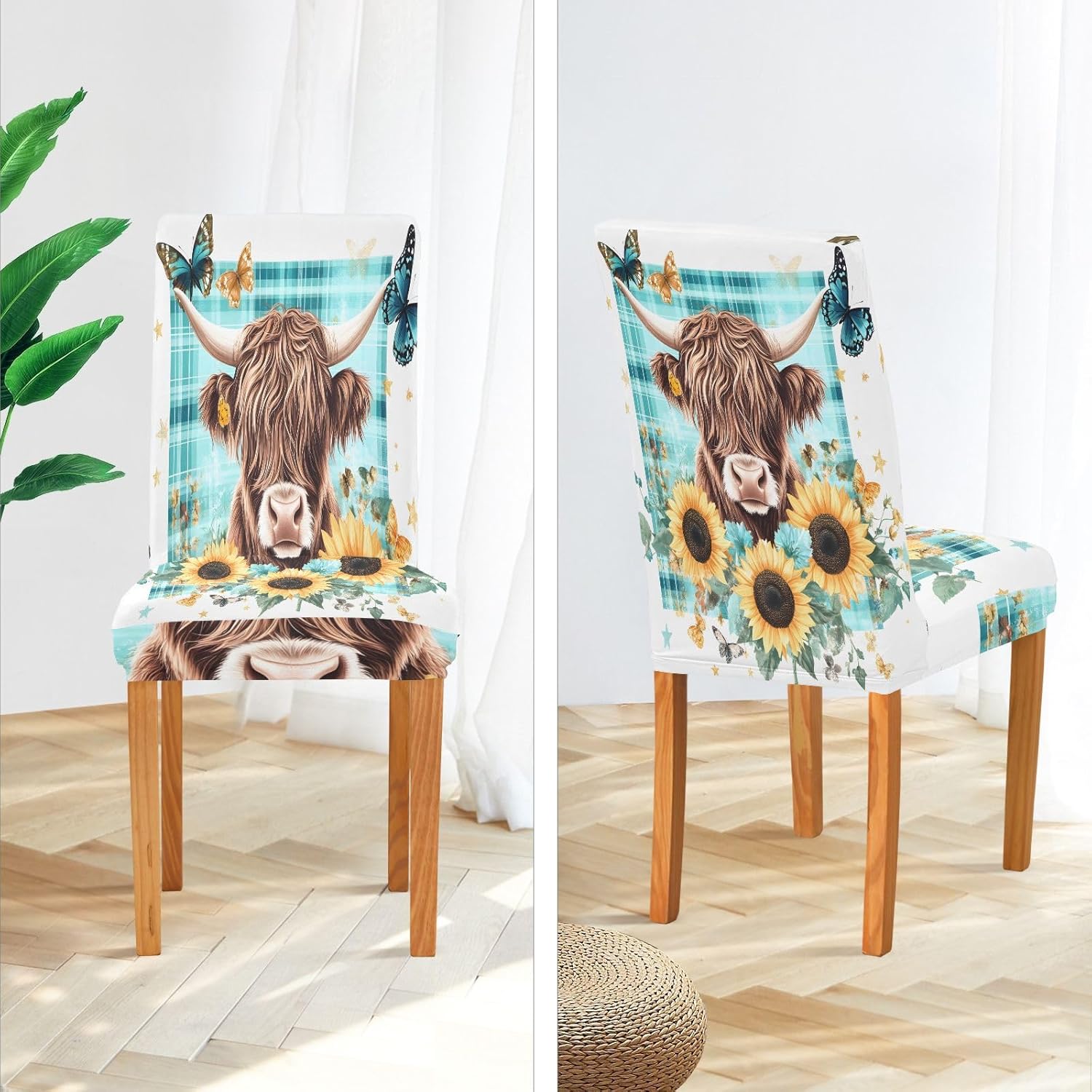 ALAZA Chair Covers for Dining Room, Cow Roses Sunflowers Butterfly Stretch Chair Cover Sets Chair Protector Removable Washable for Ktichen Restaurant Hotel