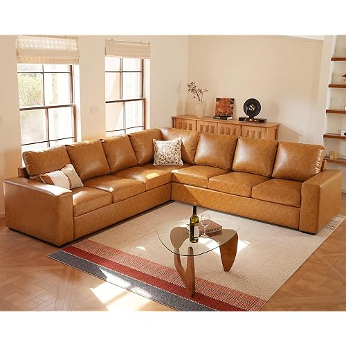 ELUCHANG 113" V-Shaped Modular Sectional Sofa Couch, Modern 7-Seat Premium Faux Leather Deep Seat Sofa with Corner, Removable Cover, Easy Assembly, Large Sofas & Couches for Living Room, Office, Brown | Spring Cushions, Easy to Clean