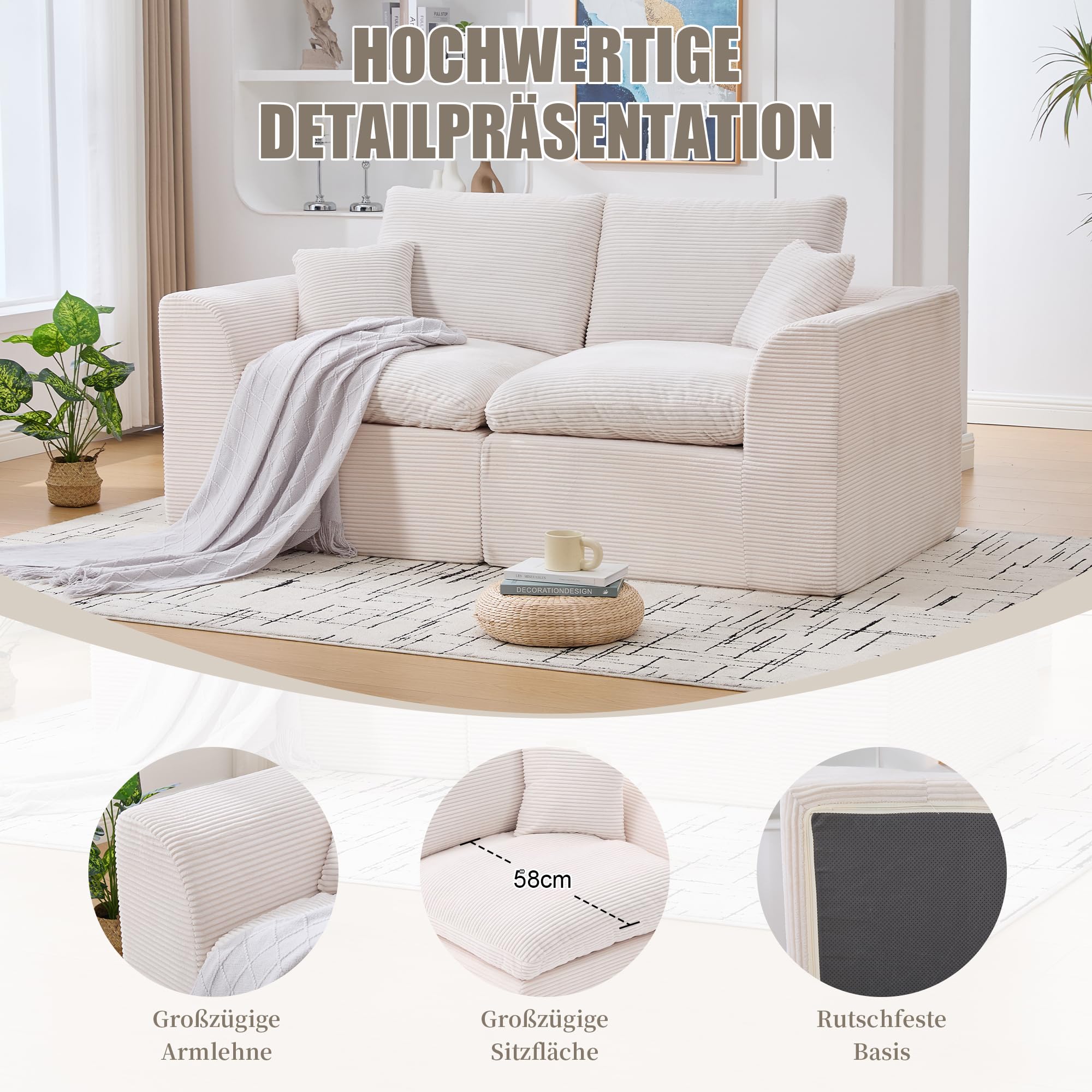 Divano modulare a 2 posti Cloud, divano senza osso, in spugna altamente elastica e tessuto a coste, poltrona morbida e confortevole, completa di cuscino, per soggiorno e camera da letto, beige