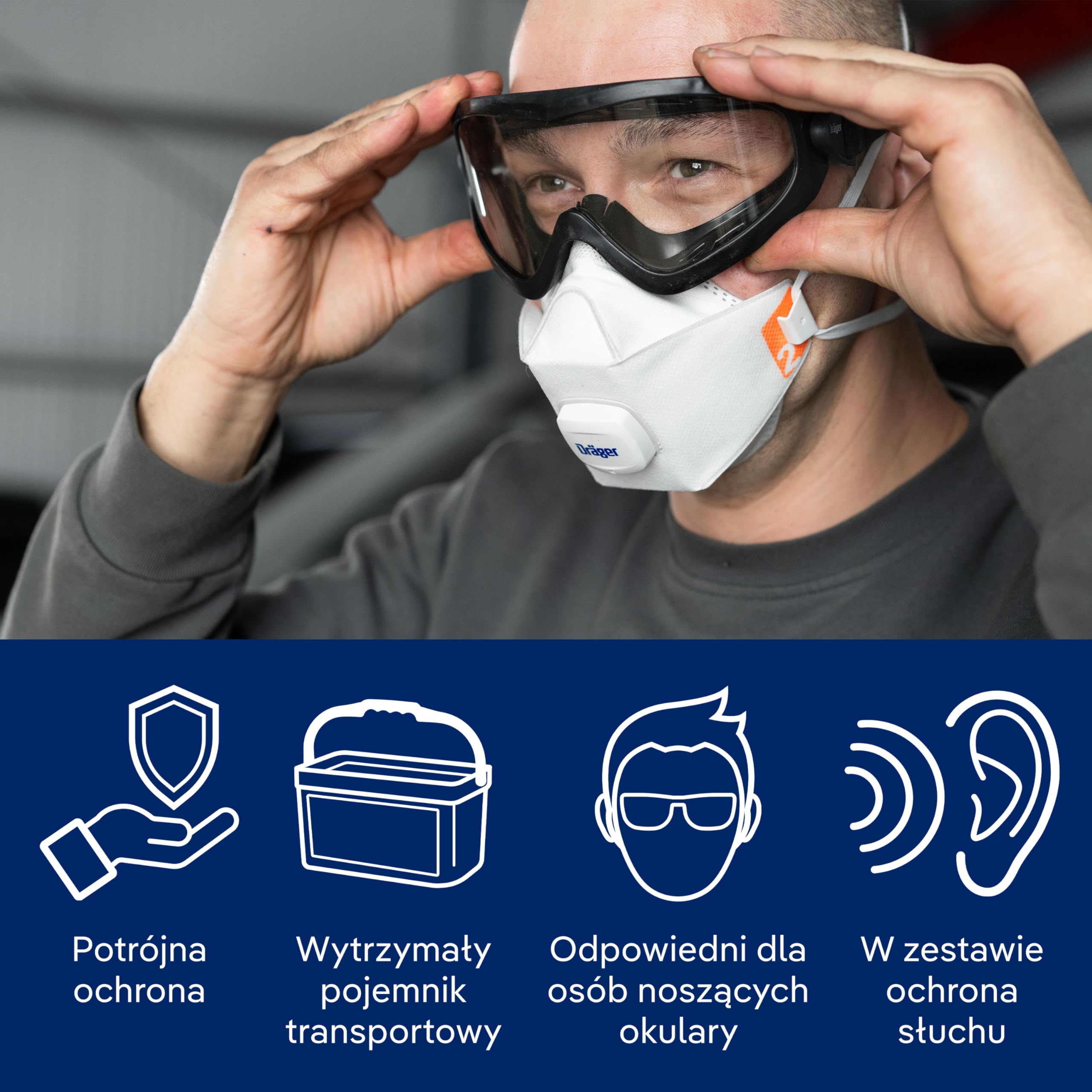 Dräger Zestaw startowy ochrony dróg oddechowych – półmaska X-plore 3300 z filtrem A2P3, maski FFP2, okulary ochronne i ochrona słuchu – kompletny zestaw do profesjonalnej ochrony dróg oddechowych | Półmaska X-plore 3300 z filtrem A2P3, maski FFP2, okulary