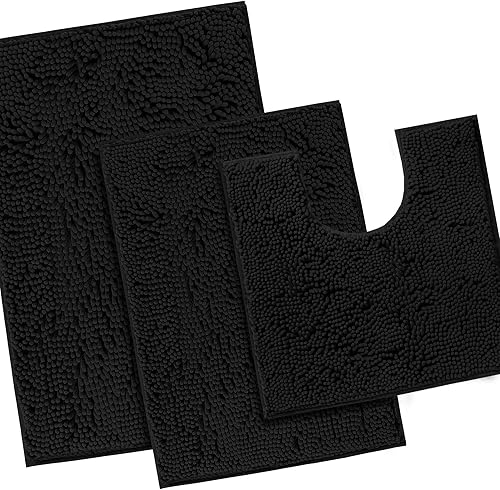 H.VERSAILTEX Tapete de baño de felpilla de lujo negro de 17 x 24 pulgadas, paquete de 2 alfombras de baño de 32 x 20 pulgadas y 20 x 20 pulgadas,