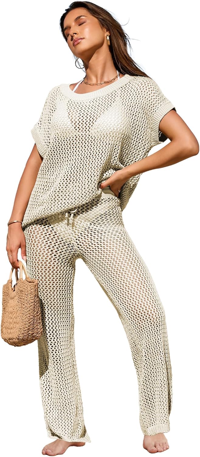 Famulily Womens 2 Piece Hollow Out Cover Up Set Crochet Knitted Outfits with Short Sleeve Tops and Long Pants