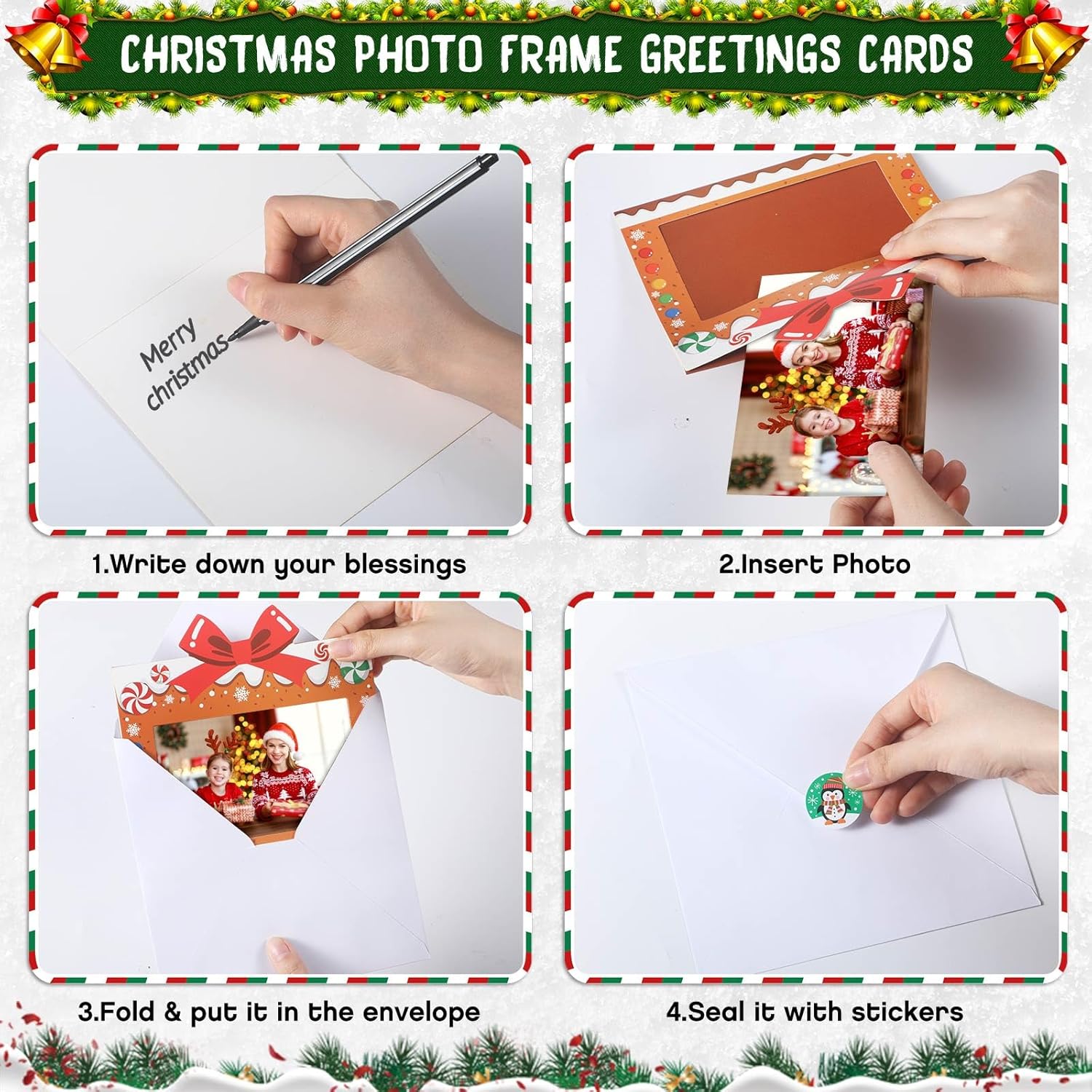 Capoda 100 Sets Christmas Photo Cards with Envelopes Stickers Fits 4 x 6 Photo Insert Holiday Cards Candy Gingerbread Buffalo Plaid Christmas Picture Frame Holder for Winter Xmas Party Decor Favors