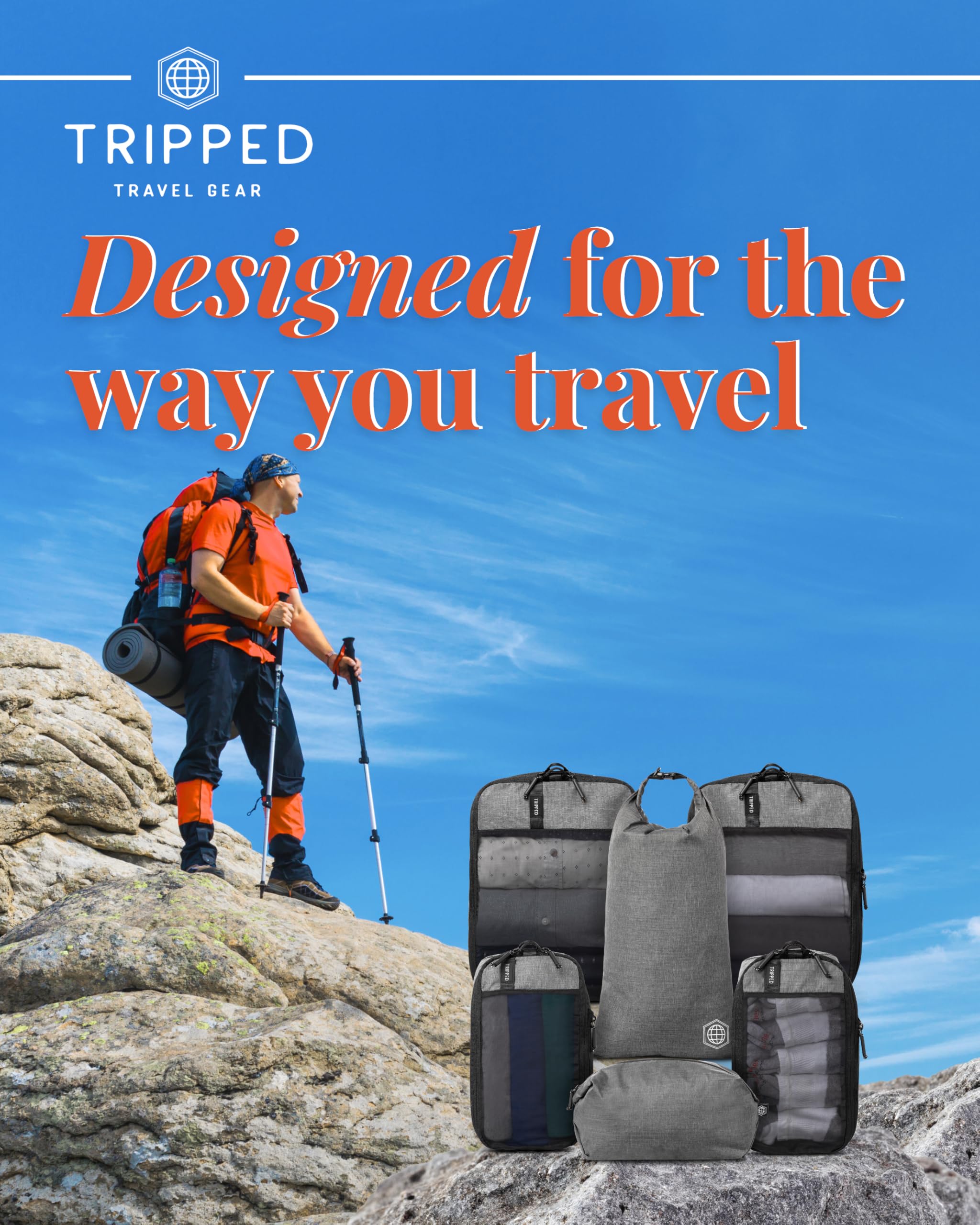 TRIPPED - Juego de 6 cubos de compresión para viajes, con bolsa de lavandería y zapatos, bolsas organizadoras de viaje que ahorran espacio para maleta y equipaje de mano (malla gris)