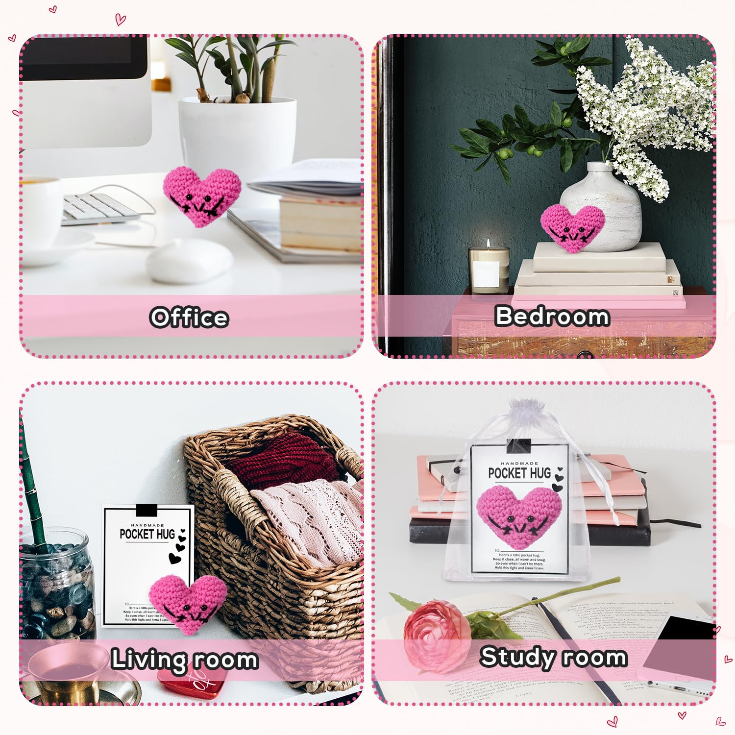 Cuore All'Uncinetto, 7,5x5,5cm Carino Tasca Abbraccio Cuore con Biglietto d'Auguri Abbraccio Tascabile All'Uncinetto Supporto Emotivo Cuore Decorazione Regalo per Amici Famiglia (Rosa