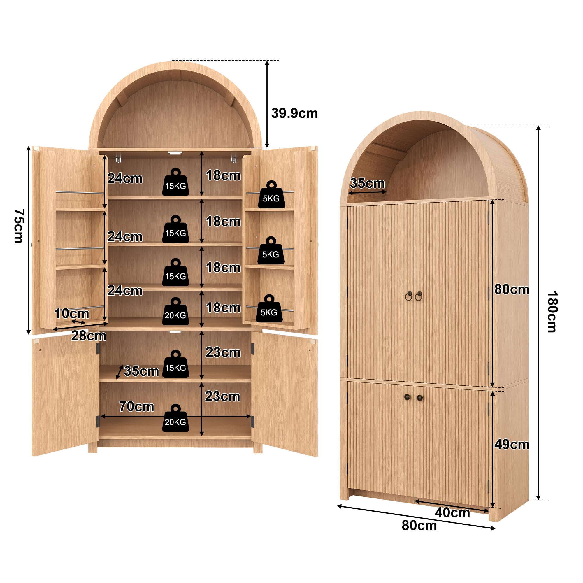 BTM Küchenschrank mit Türablagen und Offene Vitrine, Minimalistisch Bogenschrank Wohnzimmerschrank 180cm Holzoptik