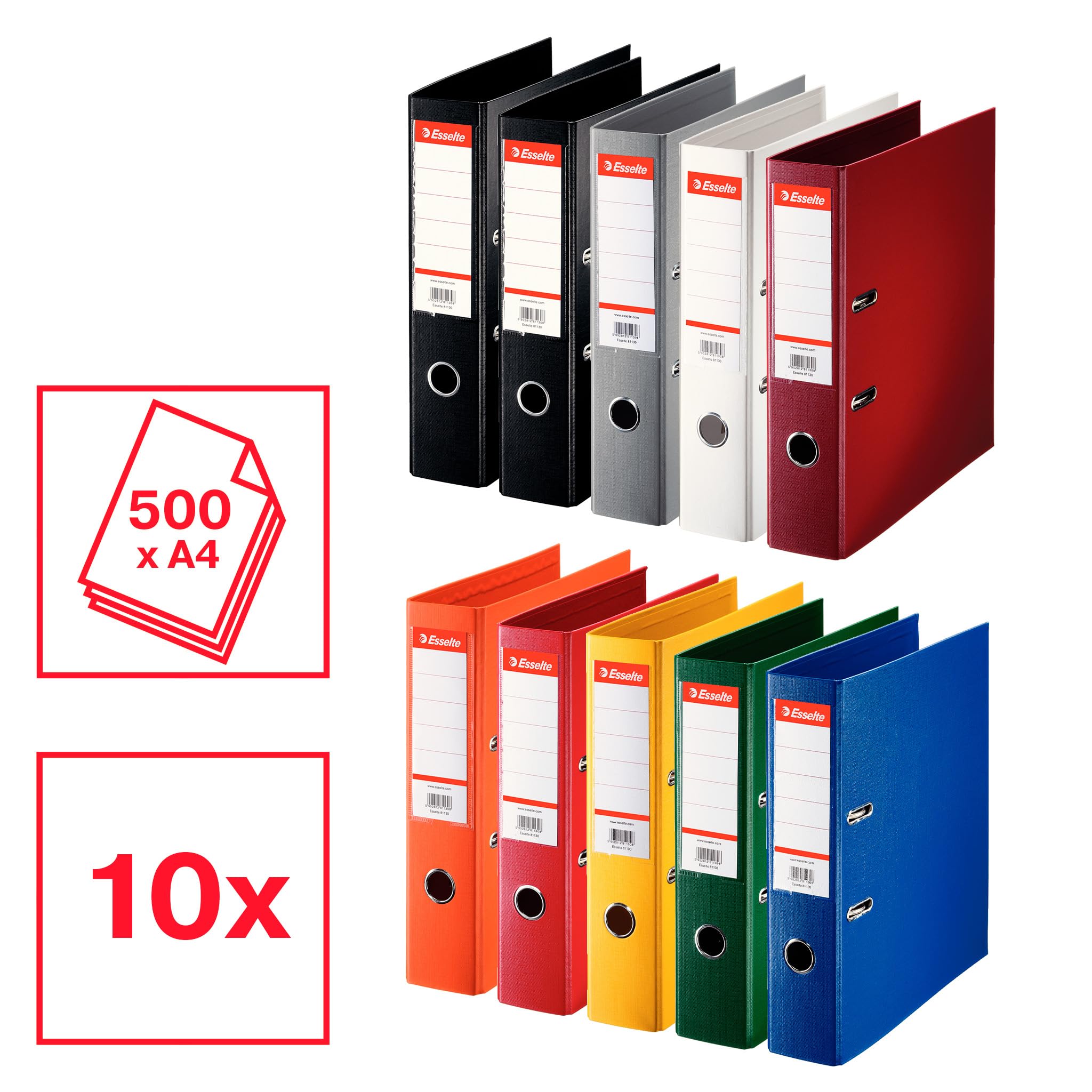 Esselte | Classeur à levier A4 Standard | Lot de 10 | Capacité 550 feuilles | Dos 75 mm |PP |Griffes de blocage| Étiquette de dos interchangeable | Bureau, Ecole, Maison | Assorti | 624177