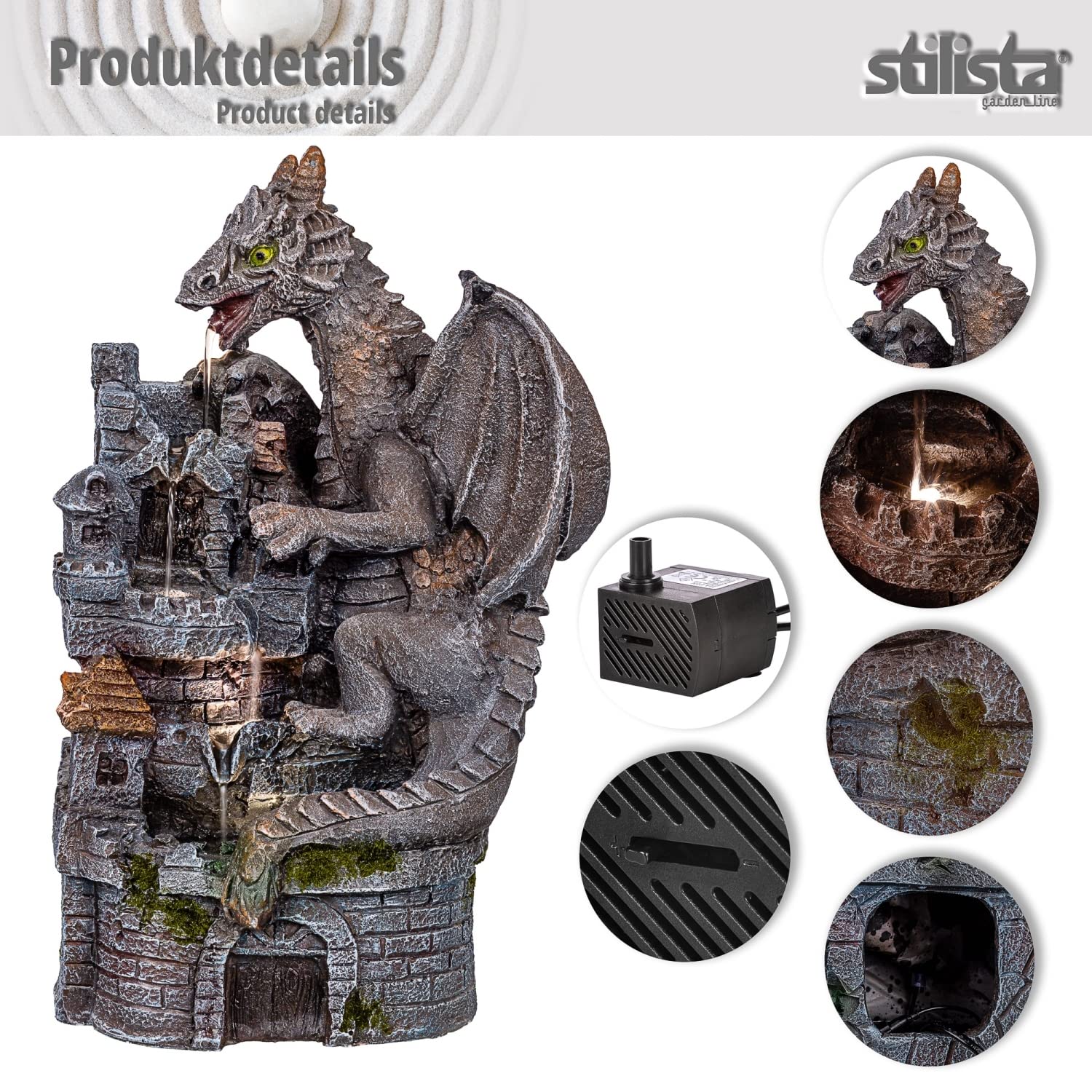 STILISTA Gartenbrunnen Drache 50 x 34 x 23 cm, mit LED Beleuchtung, inklusive Pumpe
