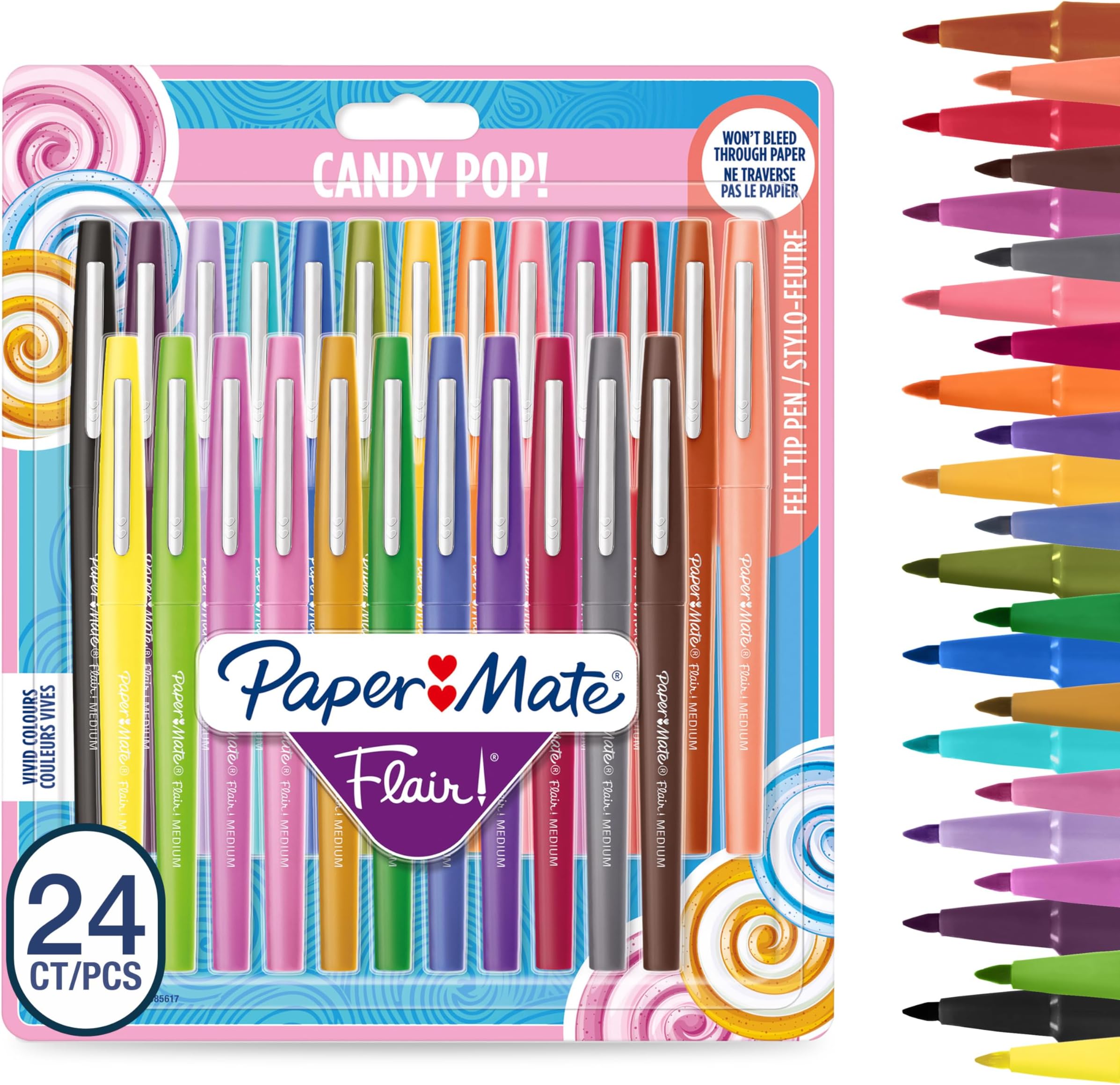 Flair Felt Tip Pens | Medium Point (0.7 mm) Marker Pens | Assorted Candy Pop Colouring Pens | for Kids & Adult Colouring, Journalling & More | 24 Count