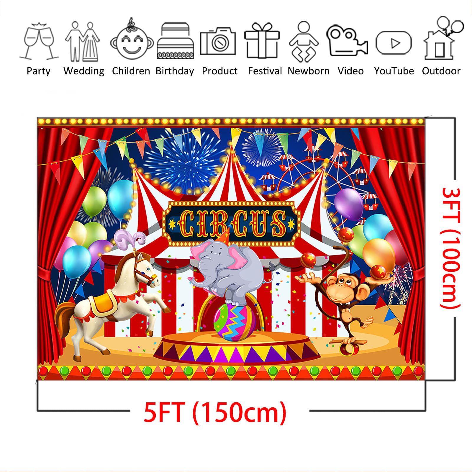 Zirkus Karneval Fotohintergrund – 180x100 Cm, Mit Rotem Vorhang & Riesenrad, Für Party-Deko & Fotos