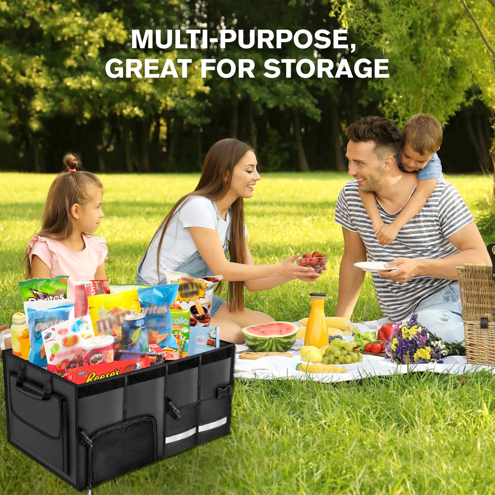 Carehabi Organizer per bagagliaio, 72 l, con coperchio, XXL, pieghevole, con scomparti e tasche, per bagagliaio, misura regolabile, accessorio per il campeggio, picnic