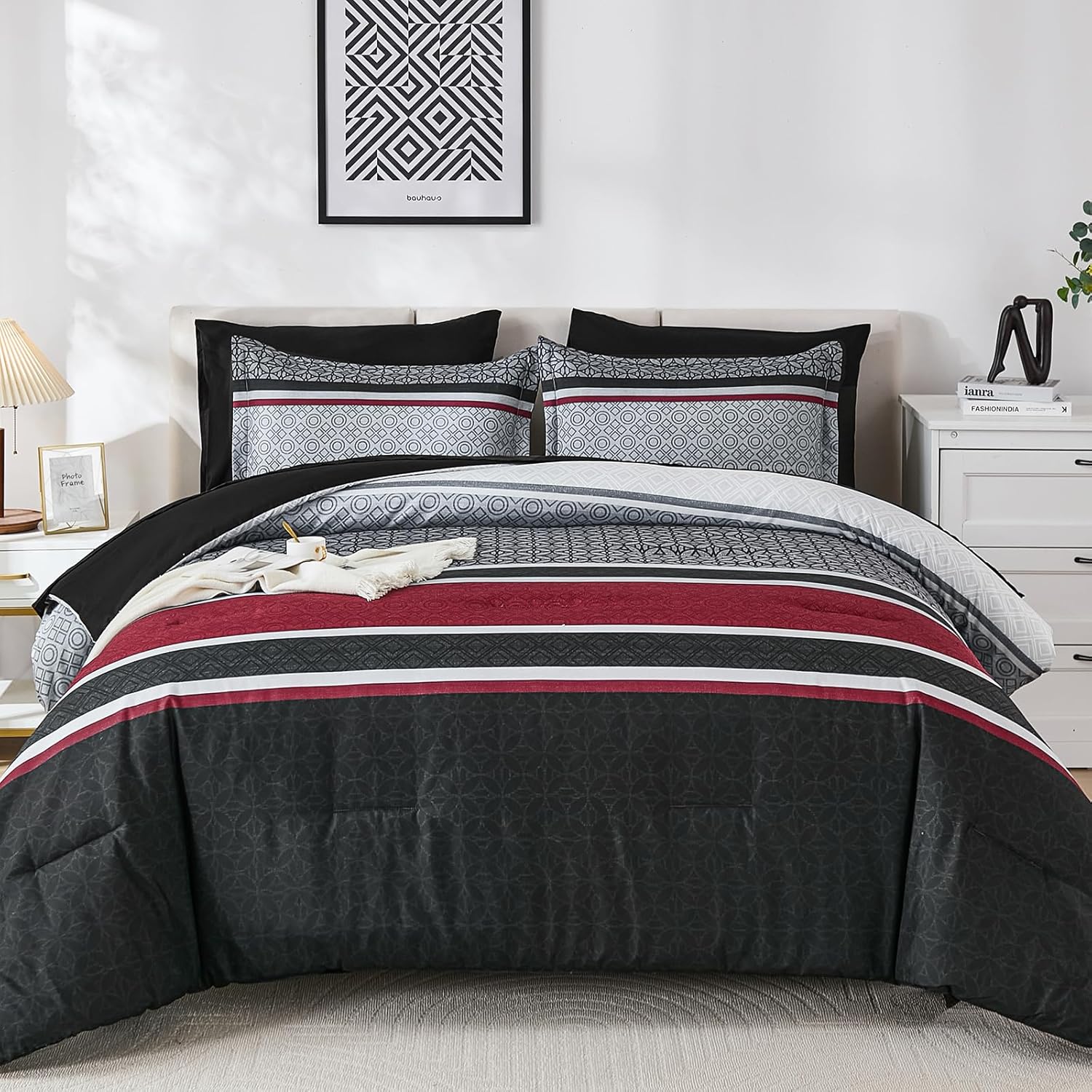 wongs bedding 7 pieces comforter set king size, black-red striped bed in a bag comforter and sheet set, black boho soft lightweight micorfiber bedding set for all season (90"×104") black-red king