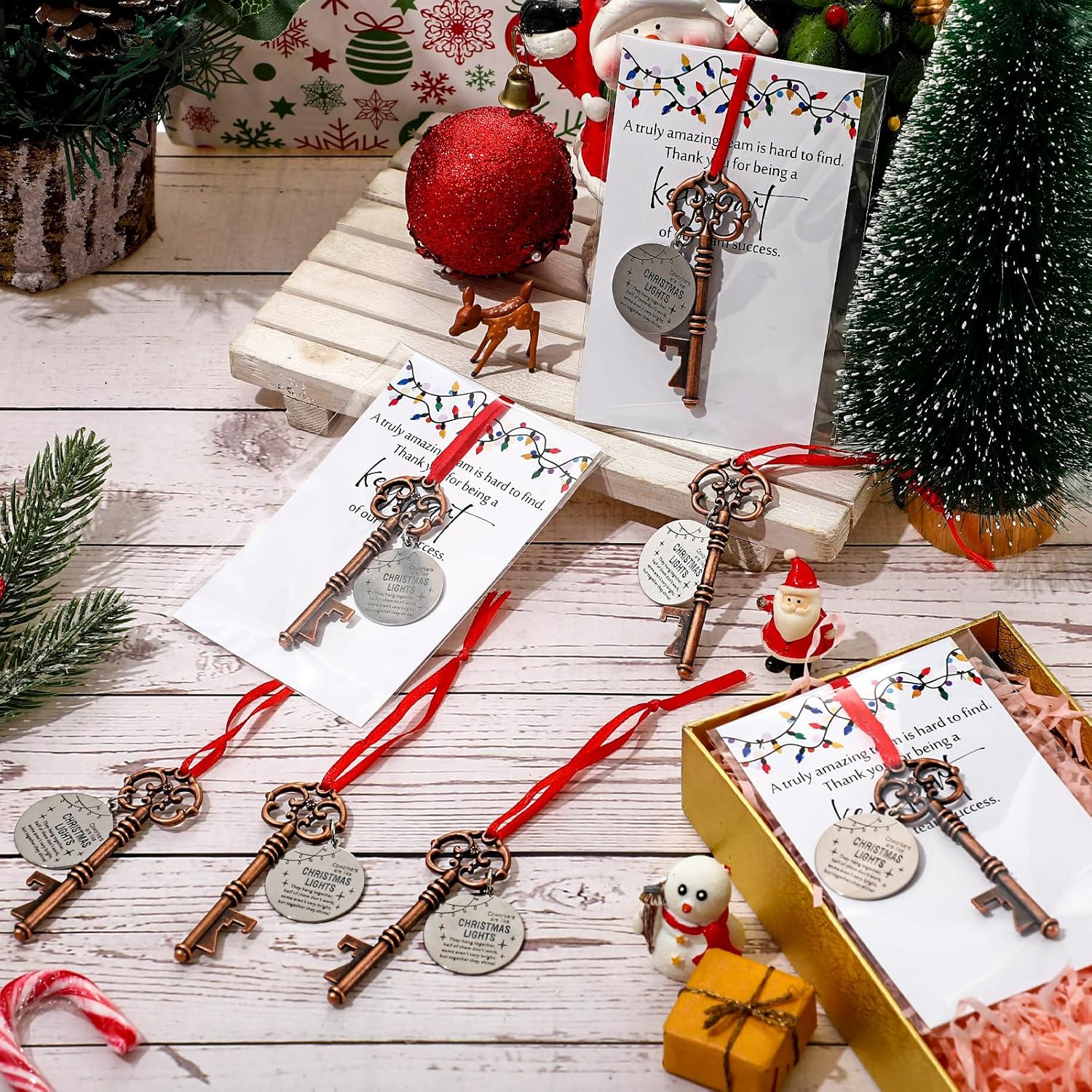 Landical 36 Sets Christmas Coworker Gift Xmas Tree Ornament Key Bottle Opener Coworkers Are Like Xmas Light Employee Appreciation Gift Thank You Card for Staff Office Team Colleague Holiday Decoration