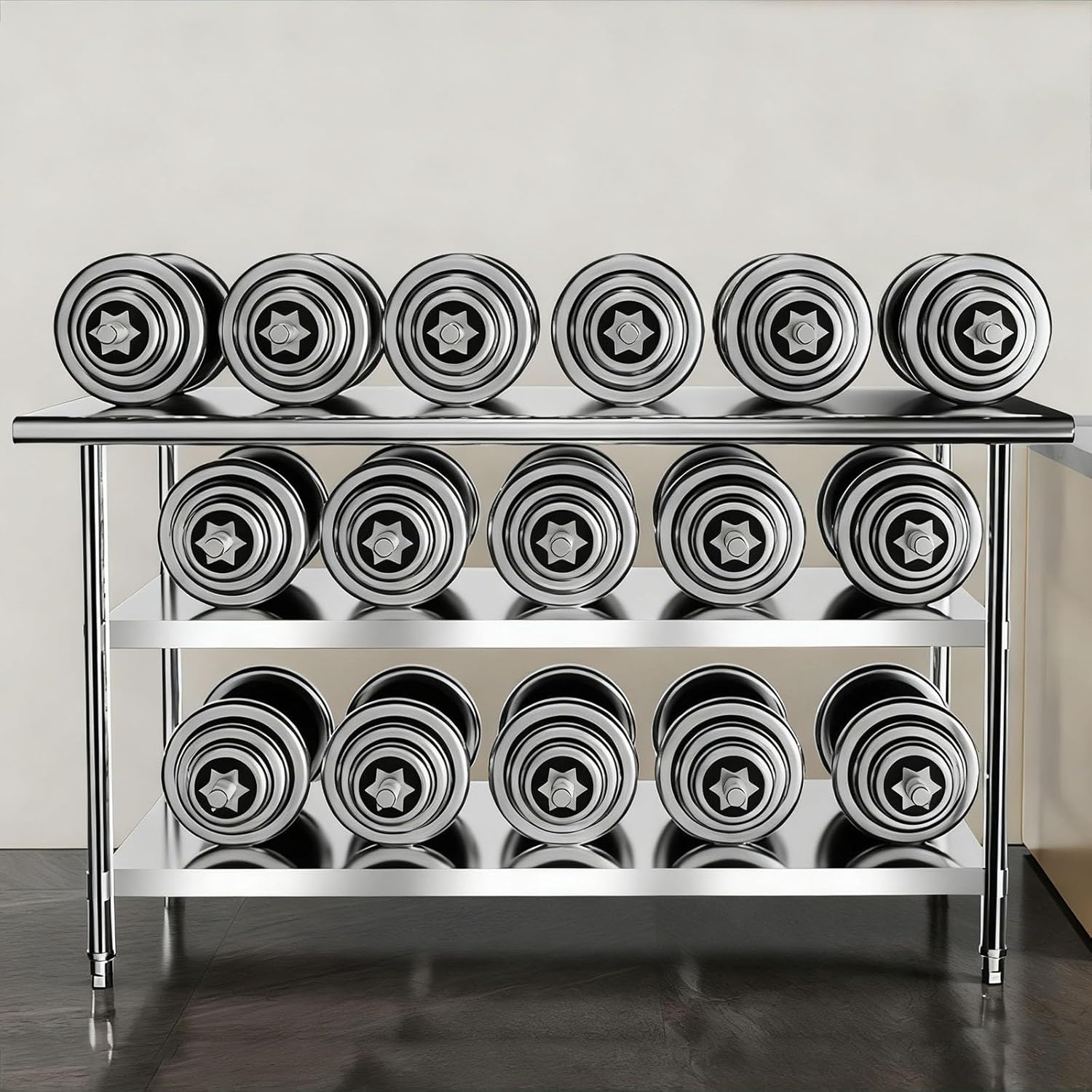 Adjustable Shelf Workbench with Back Panel Three-Tier Home Workstation Parcel Packing Table Worktable Metal Rounded-Corner Table Easy Assembly for Restaurants and Hotels(76x61x85cm/29.9x24.0x33.5”)