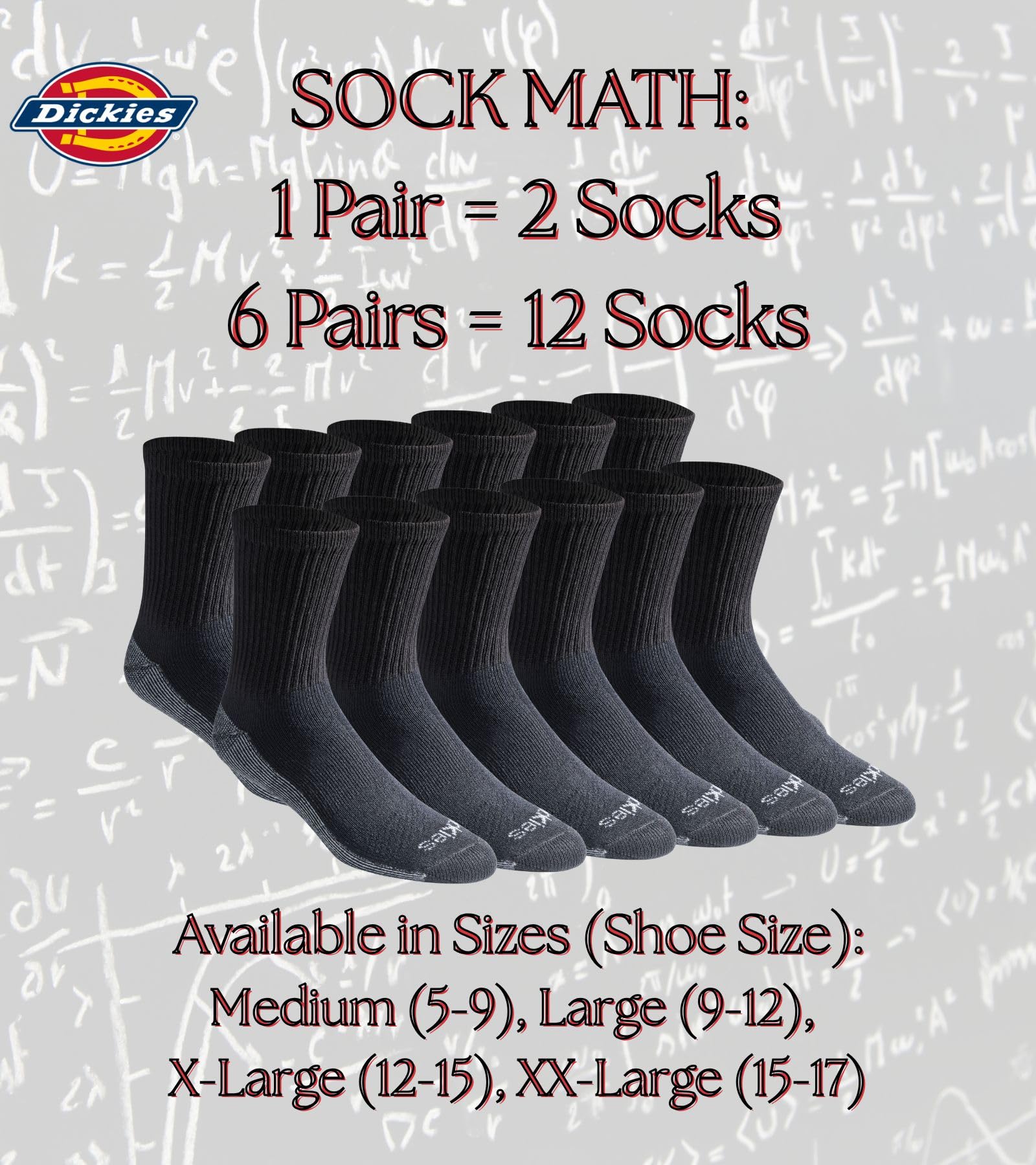 Dickies Men's Dri-Tech Mid-Crew Comfort Length Moisture Control Socks, Available in M-XL (6, 12 Pairs), Comfort Length Black (6 Pairs), Medium