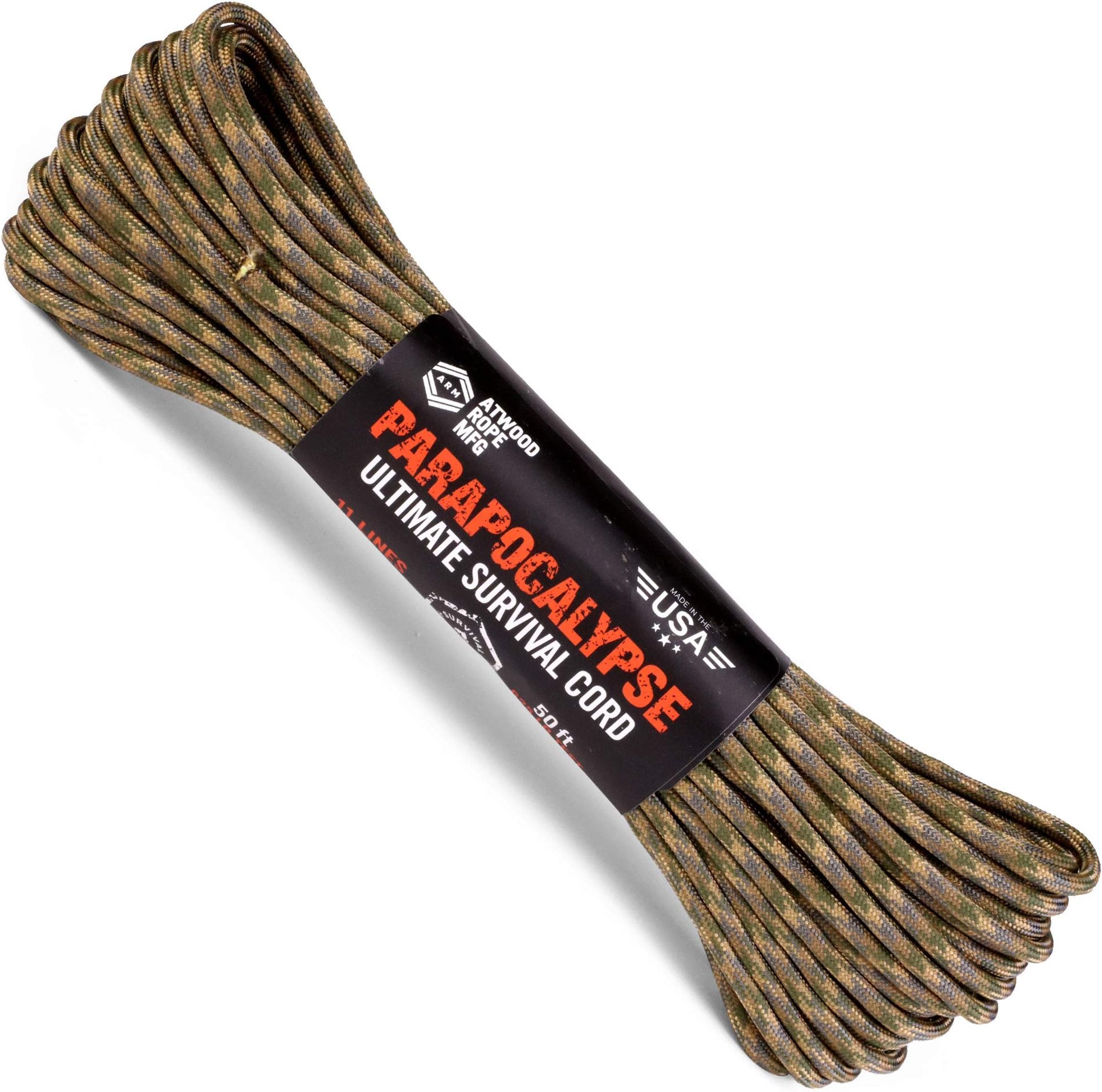 Atwood Rope MFG Parapocalypse Paracord/Parachute Cord 7-Strand Core with Fire Starter Waxed Jute, 10lb Mono Fishing Line, Dyna-x, and Yellow Kevlar Cord 625lb Test